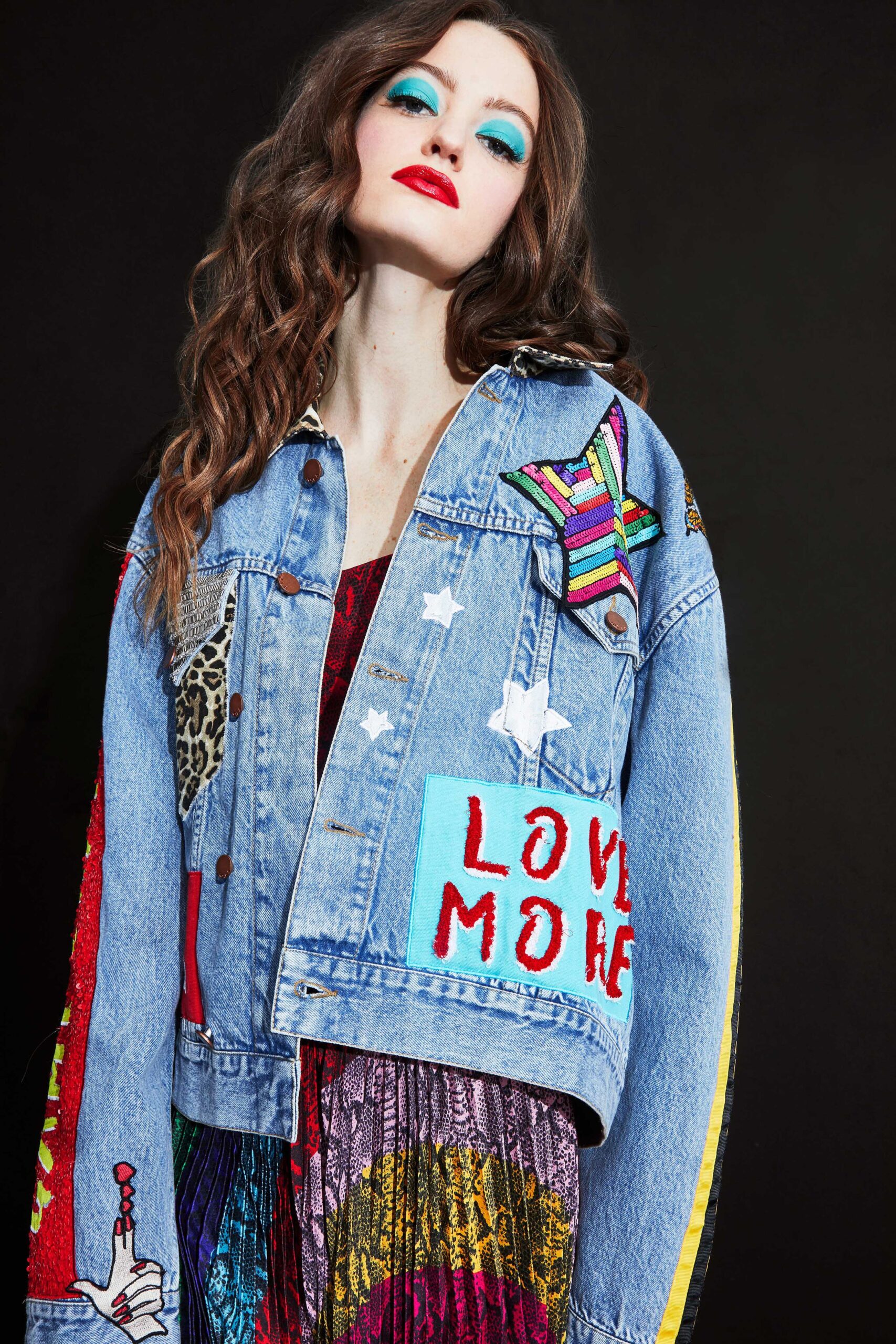 embroidered denim jacket with pleated dress
