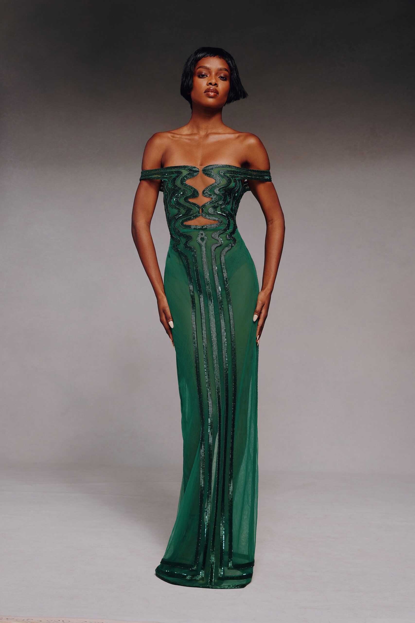 green cutout sequined mesh gown