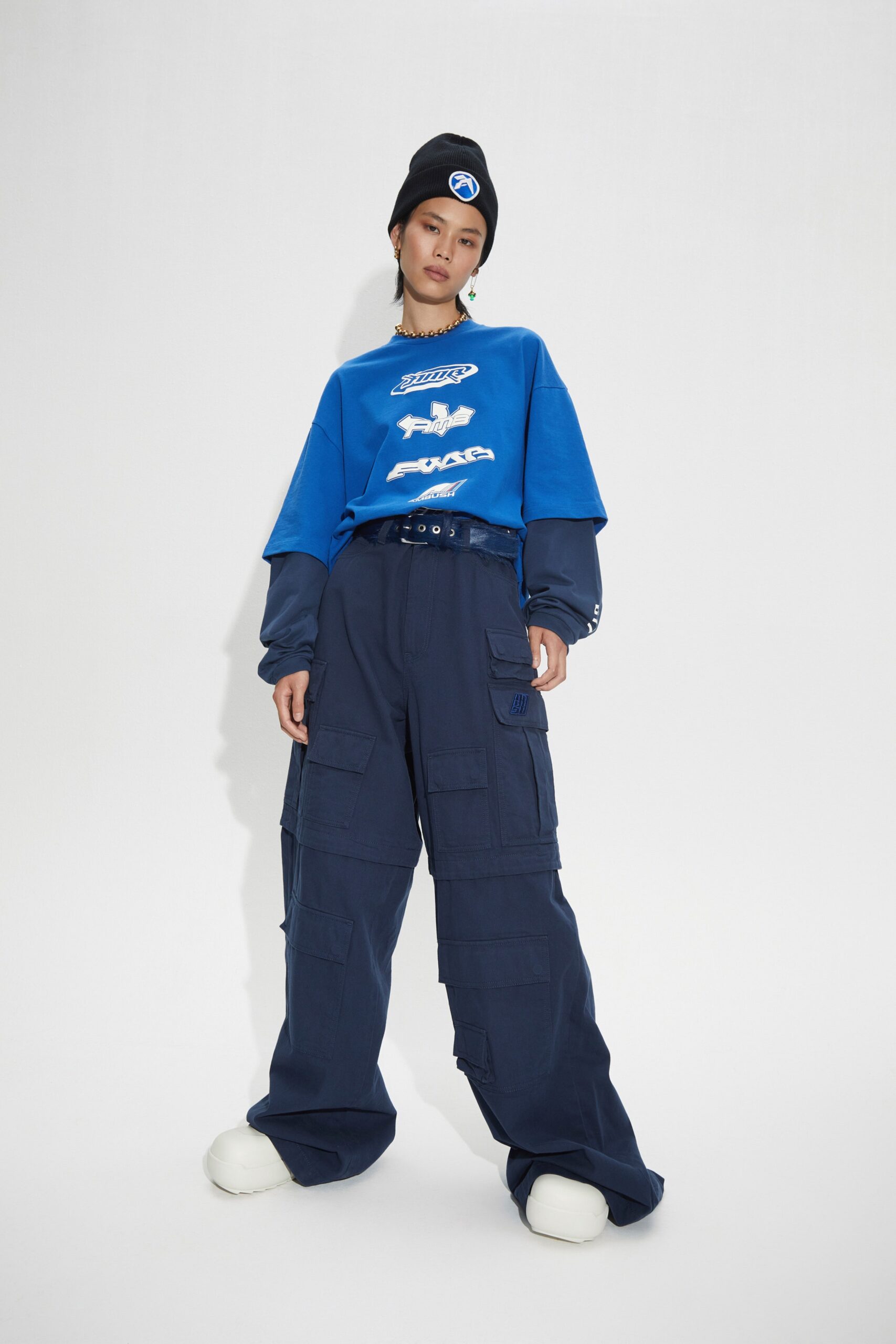 blue cotton relaxed cargo pants