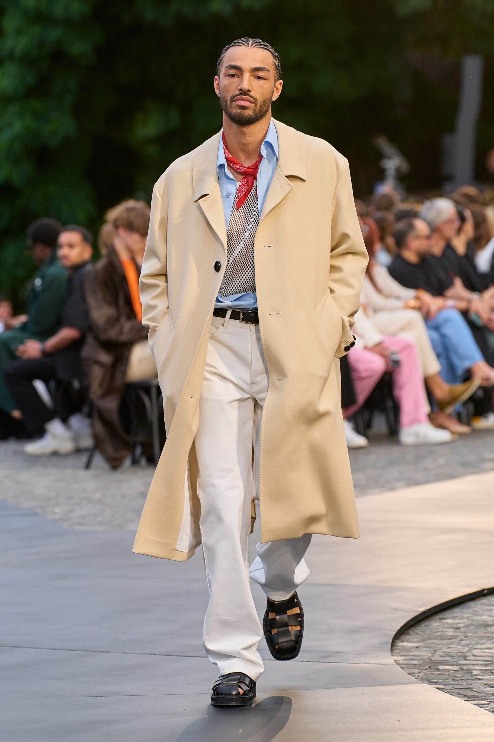 beige coat with blue shirt
