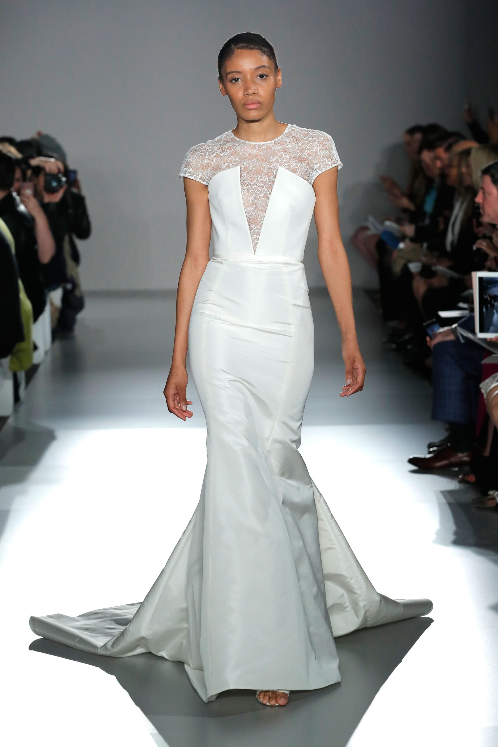 white silk lace gown