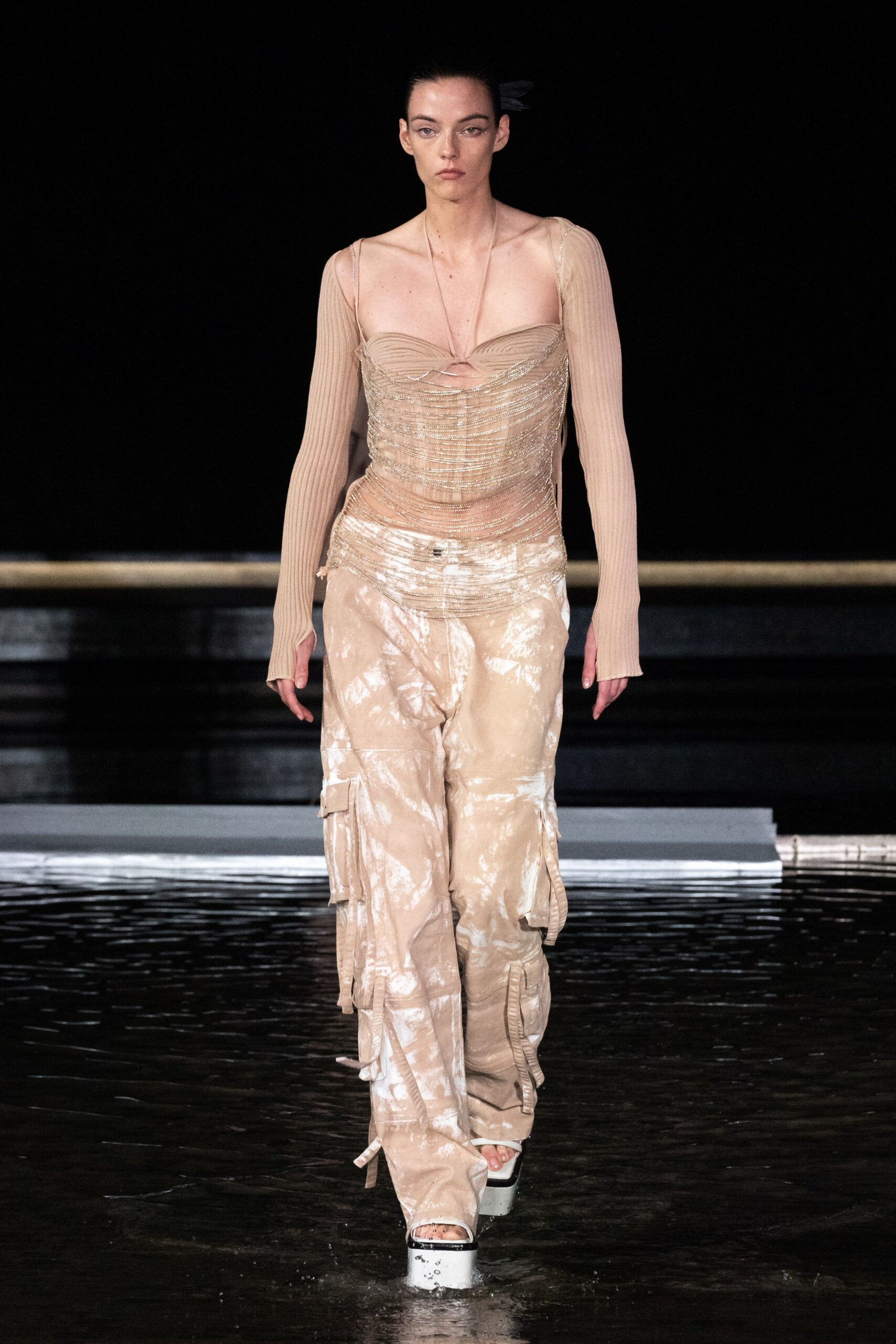 beige fitted top and relaxed pants