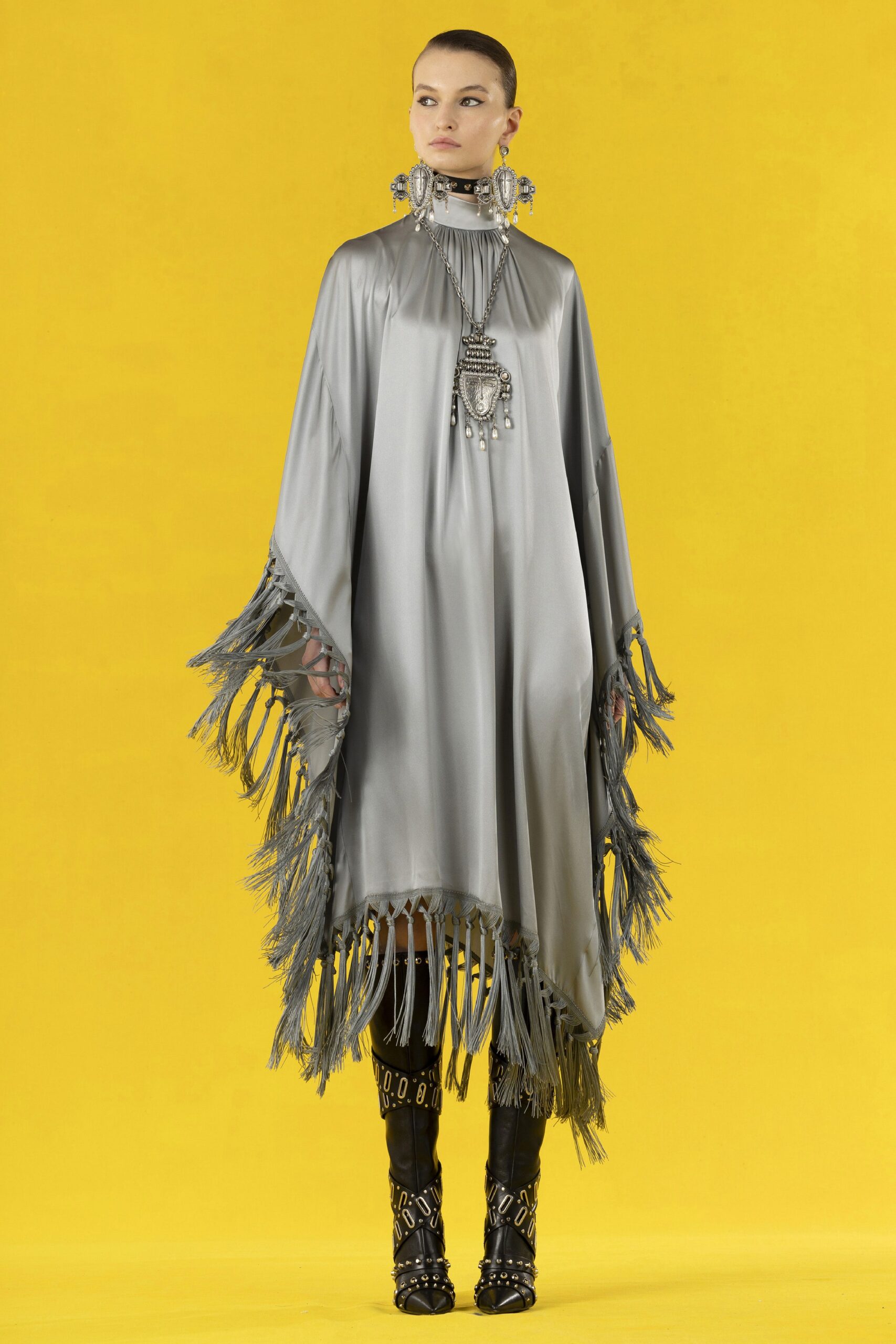gray silk poncho with fringes