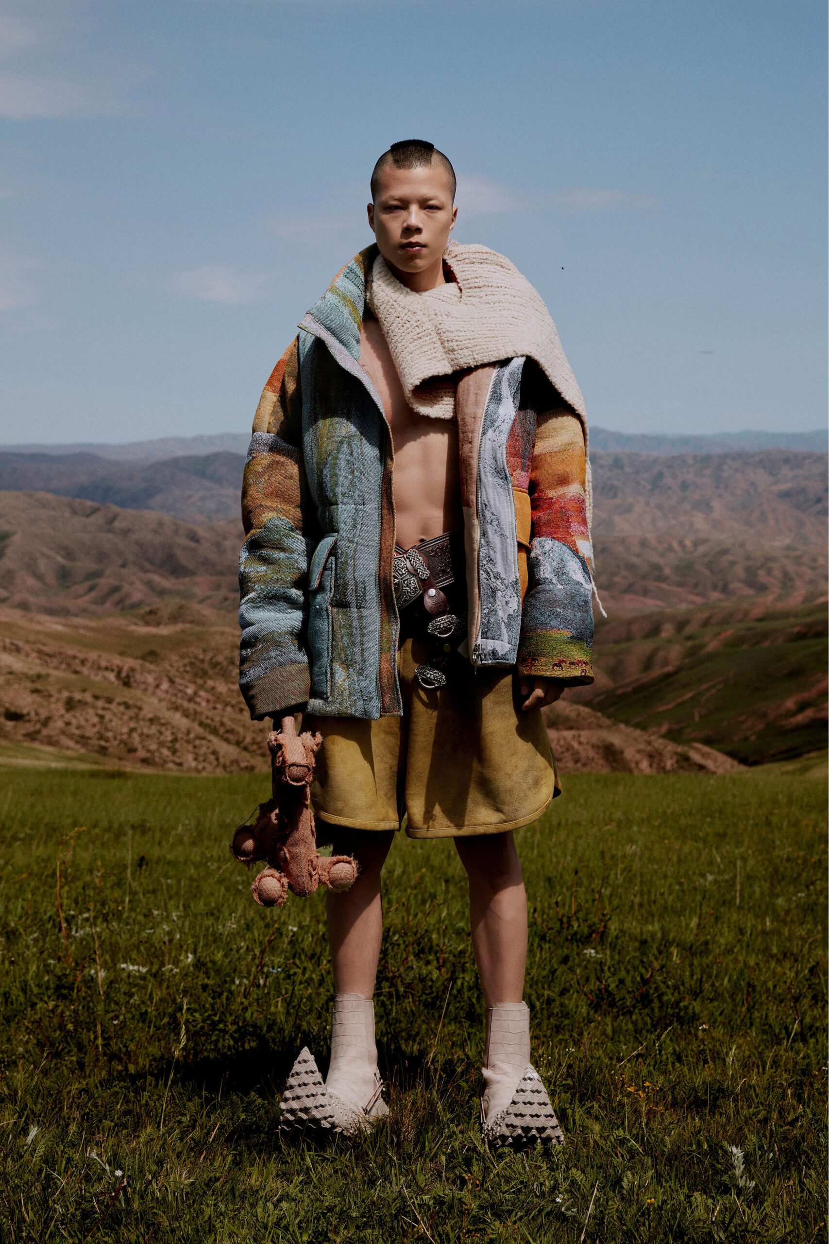 multi cotton long-sleeve collared oversized color-blocked jacket