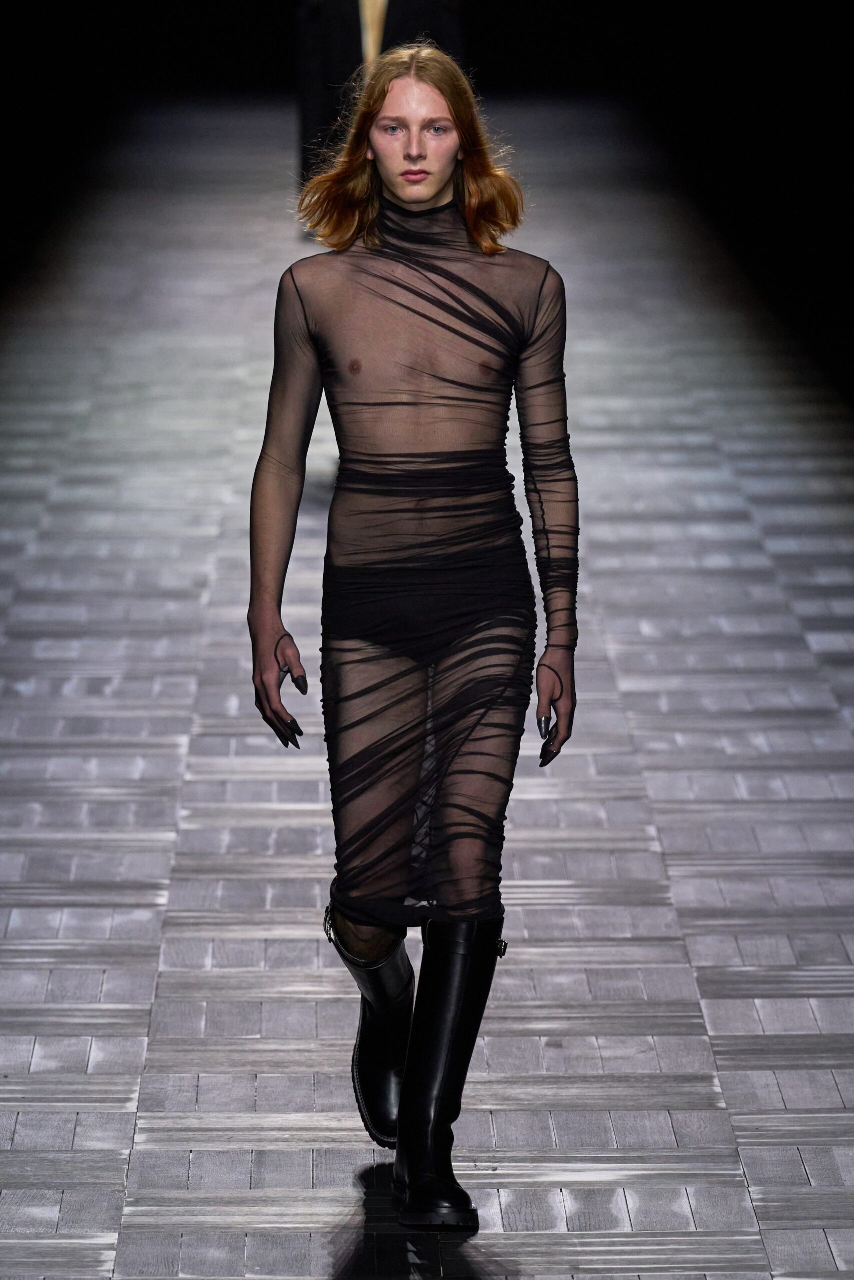 black mesh long-sleeve high-neck fitted ruched sheer dress