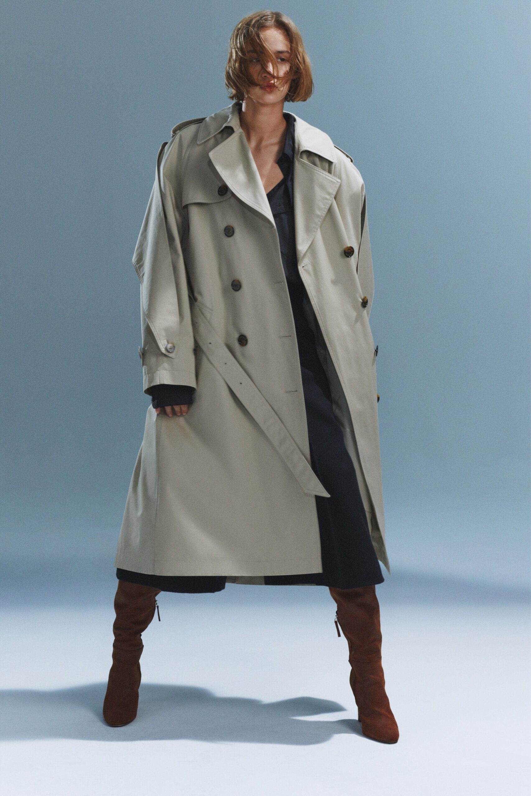 beige cotton long-sleeve collared oversized buttoned trench