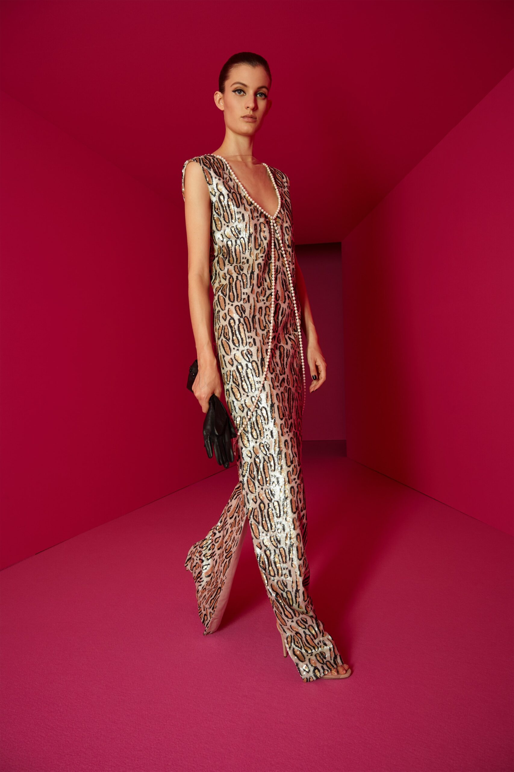 gold silk sleeveless v-neck fitted animal-print shiny jumpsuit