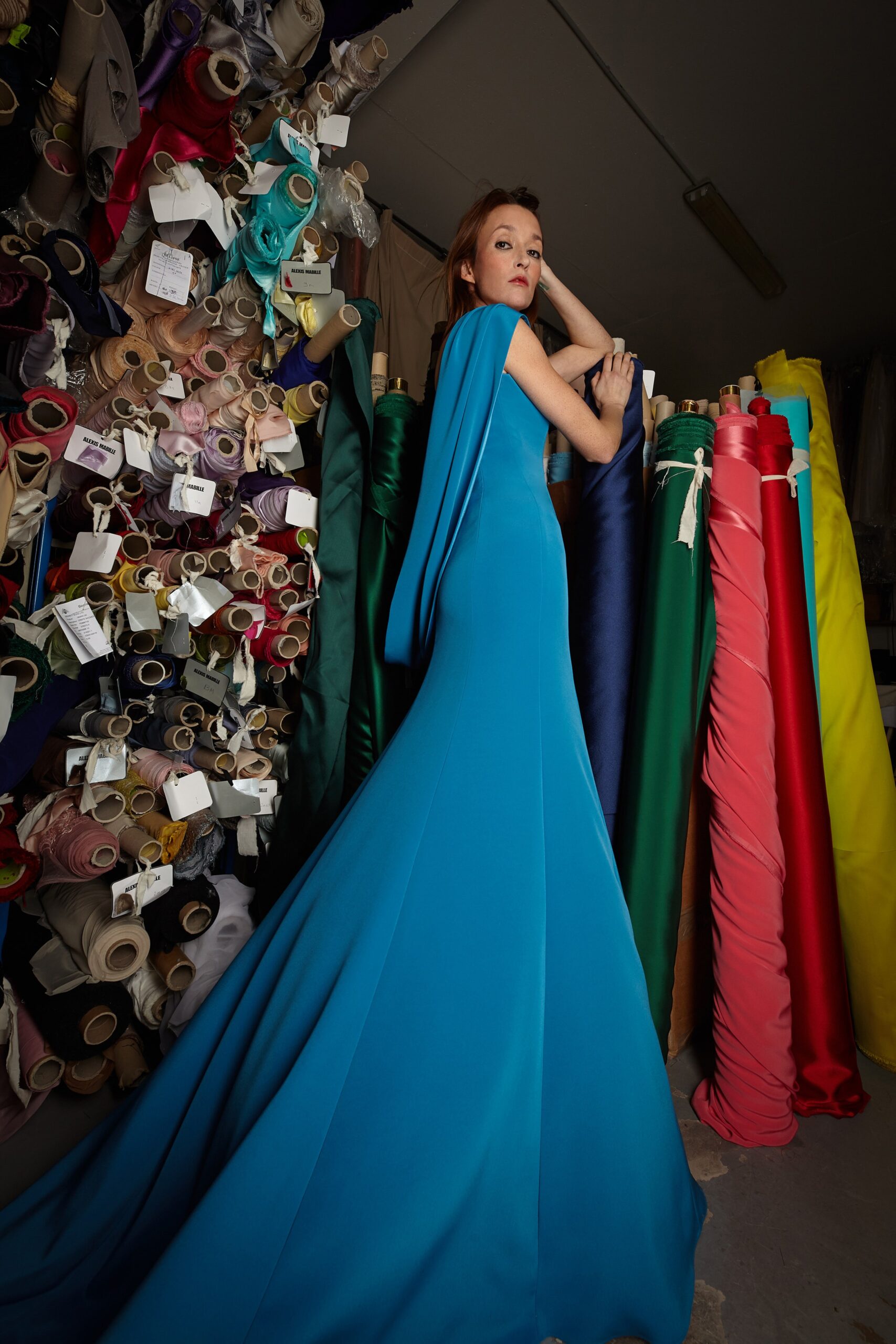 blue silk fitted gown