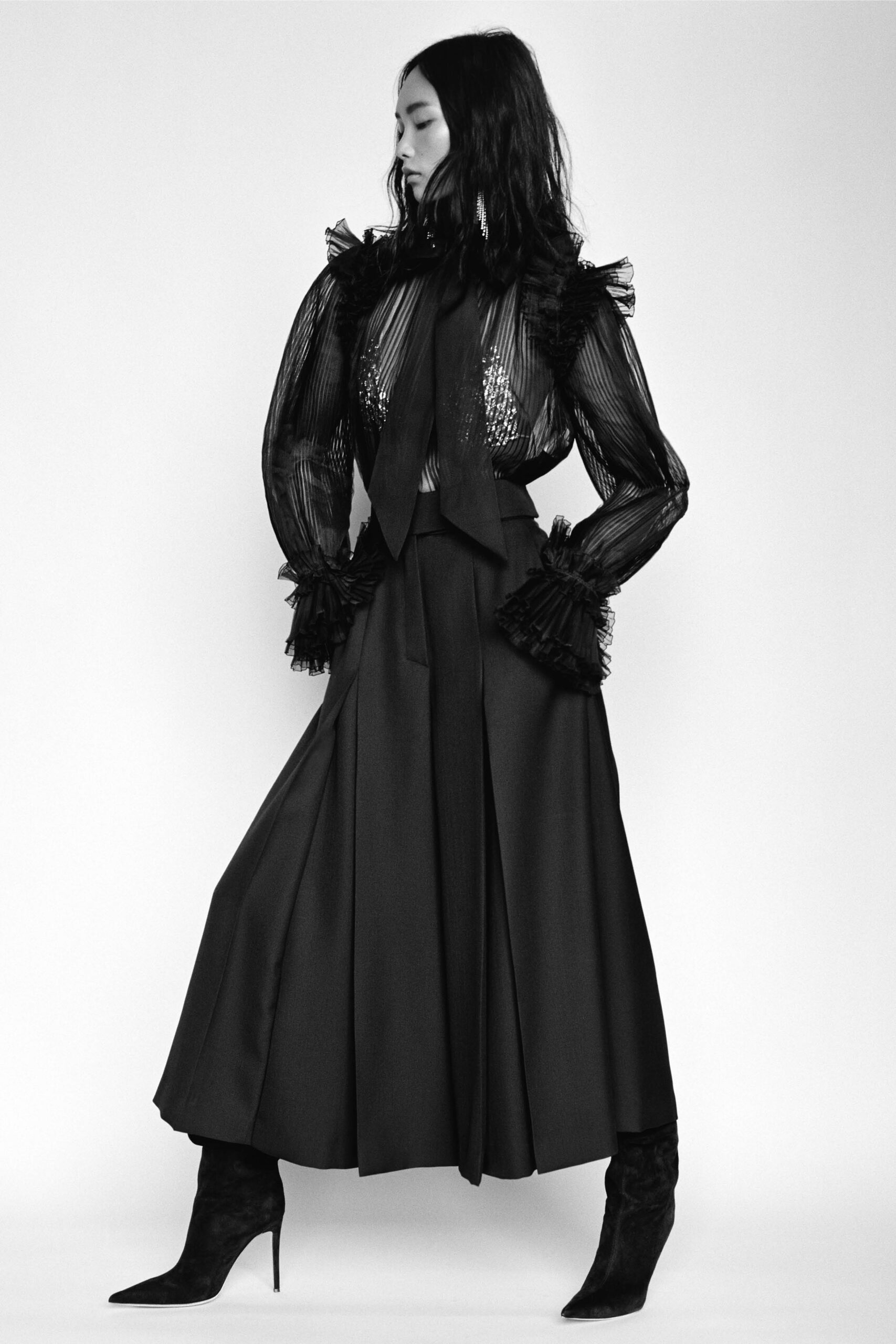 black silk blouse and midi skirt