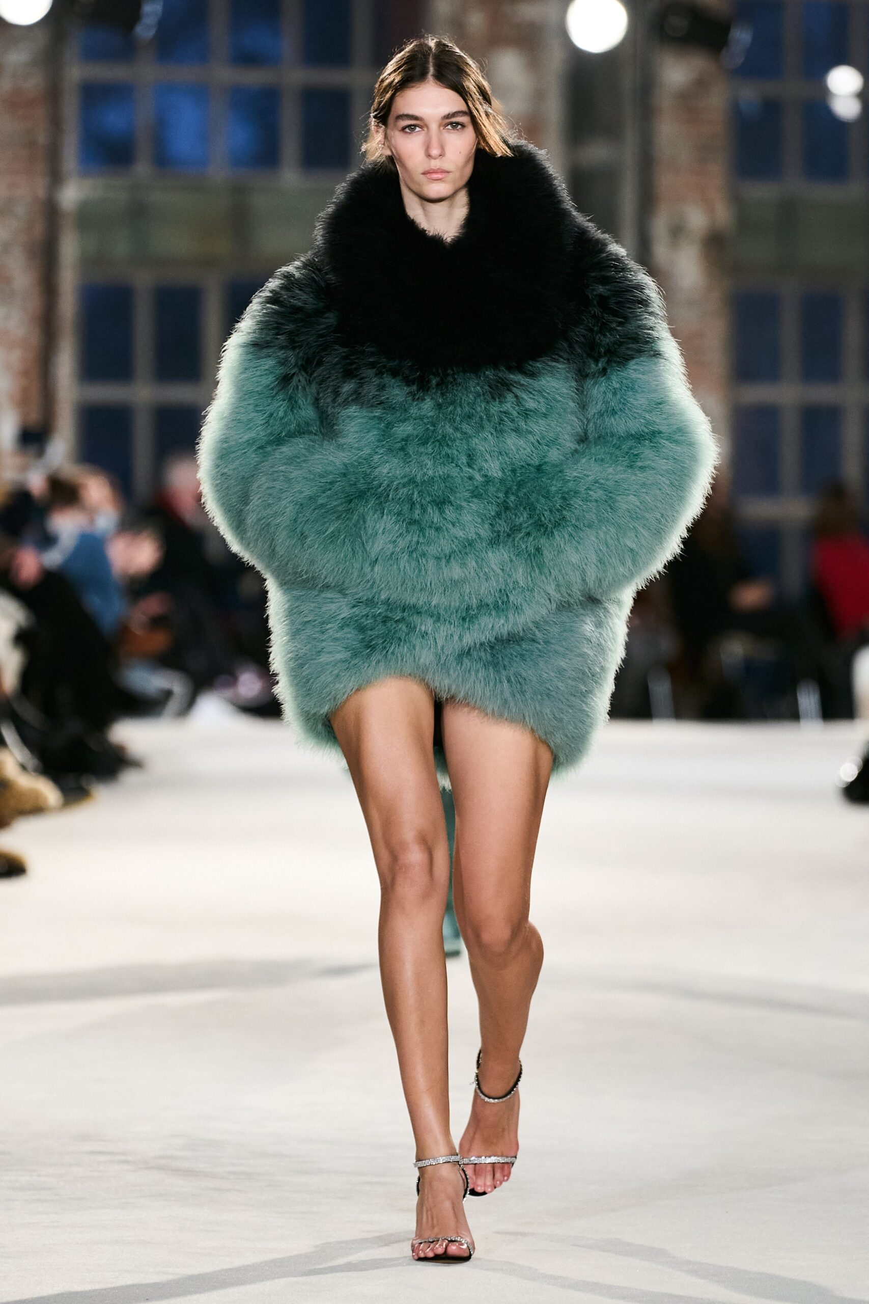 green and black oversized fur coat
