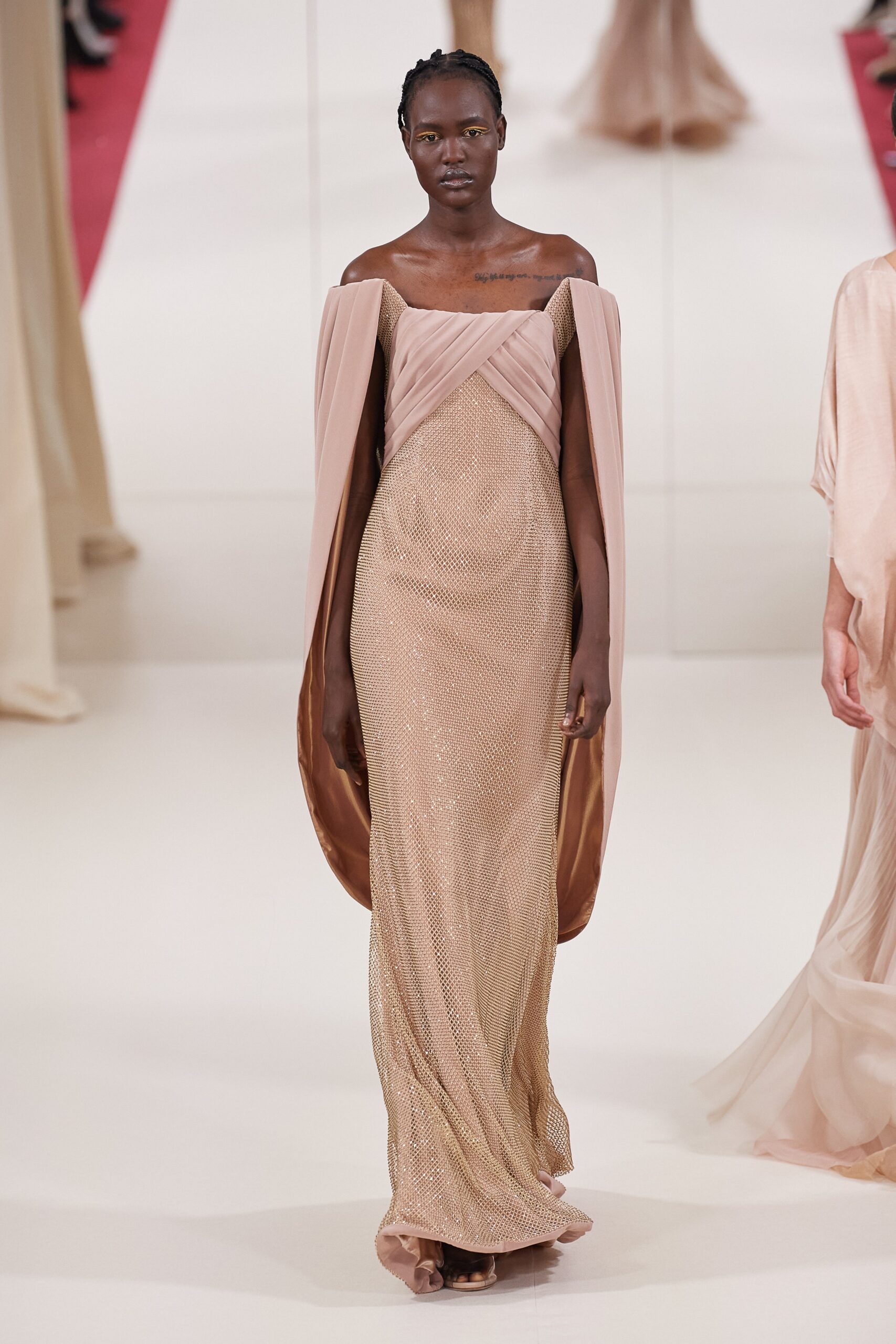 pink gold off-shoulder gown