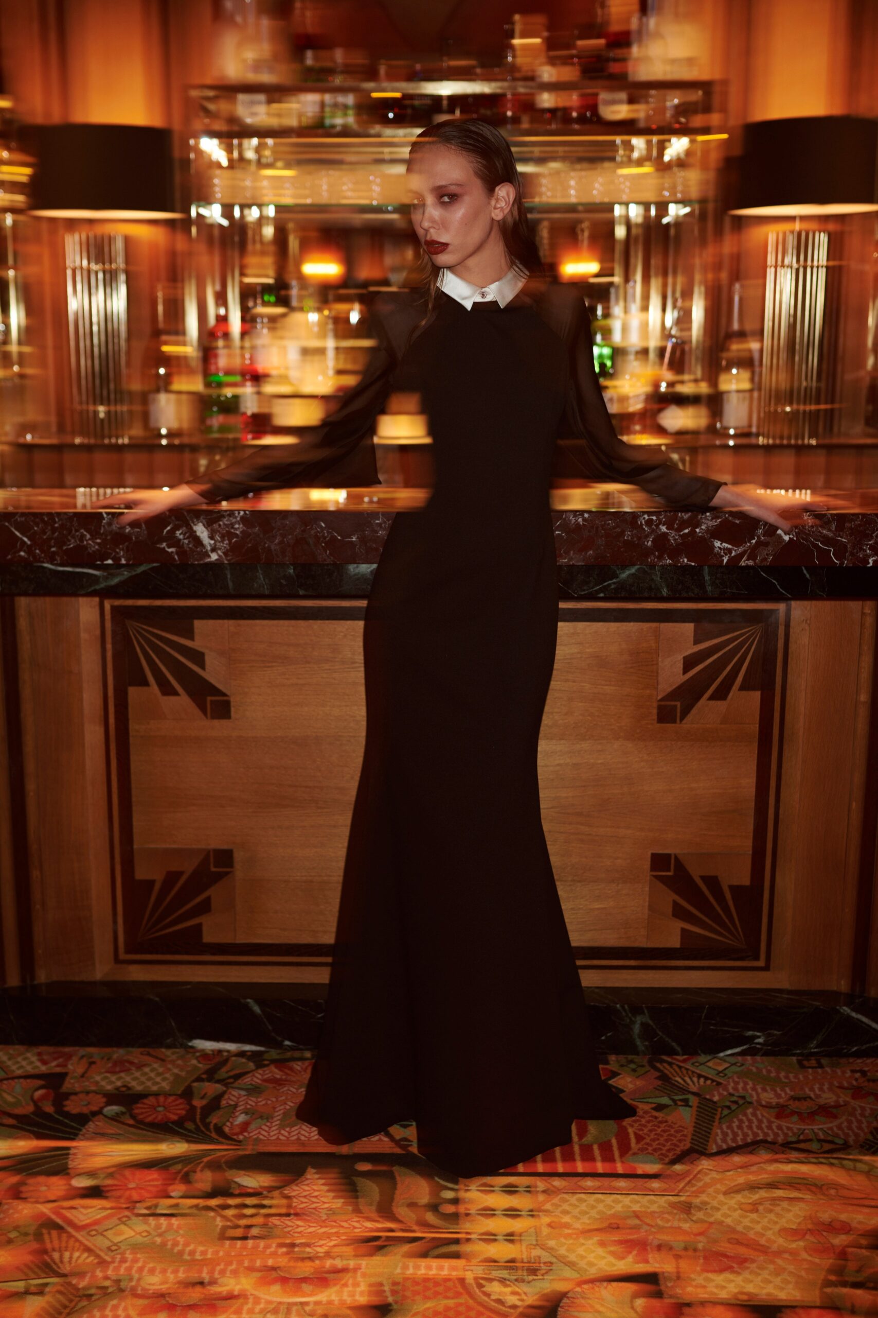 black silk fitted gown
