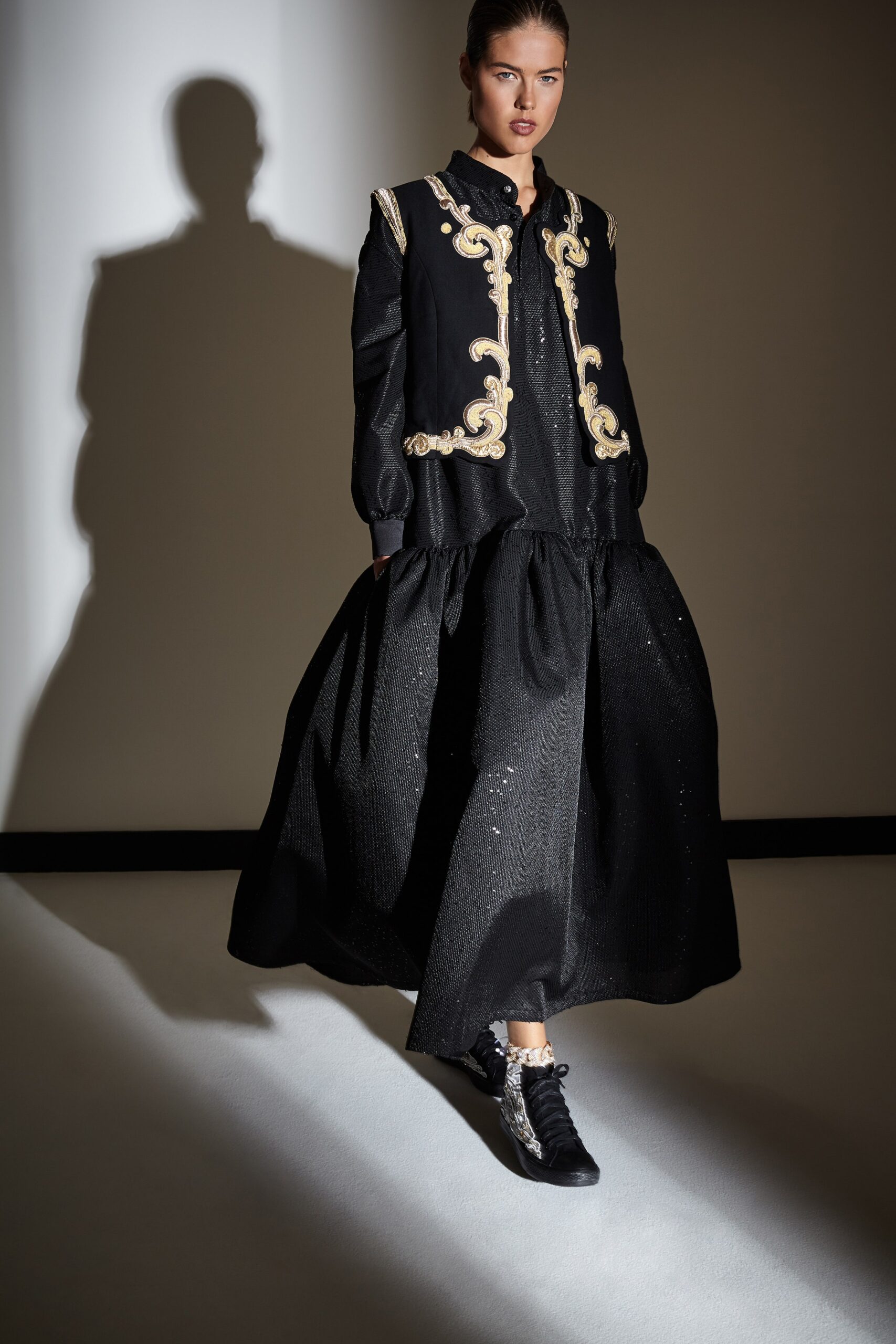 black silk long-sleeve collared fitted pleated embroidered dress