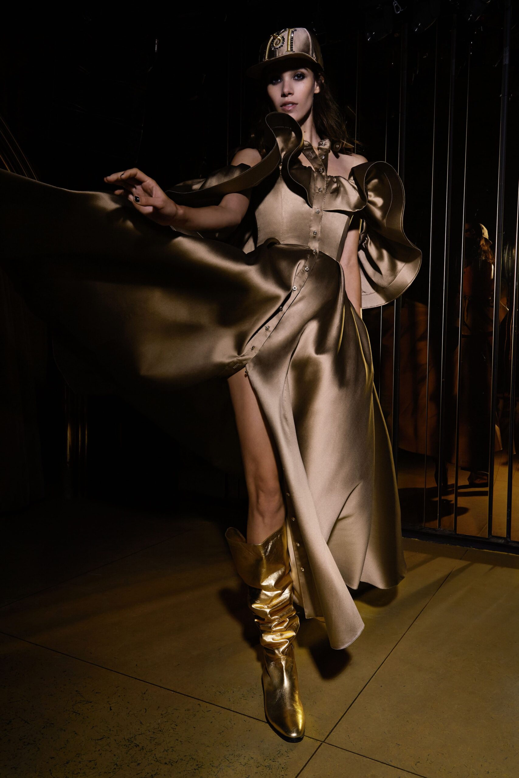 gold silk draped dress