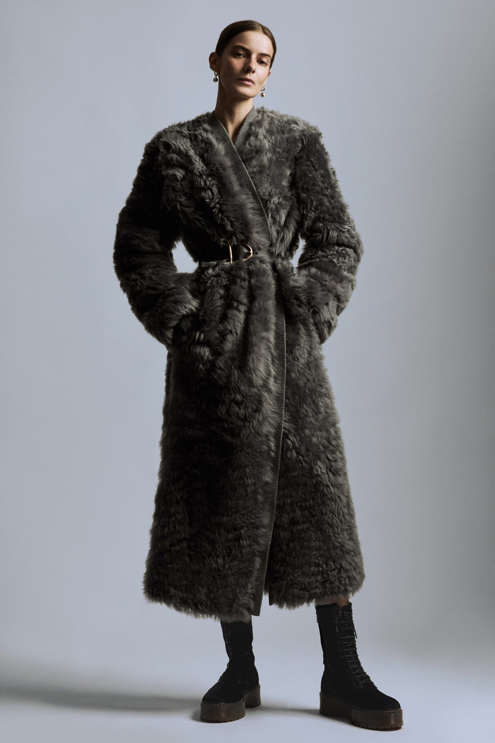 gray faux-fur belted coat
