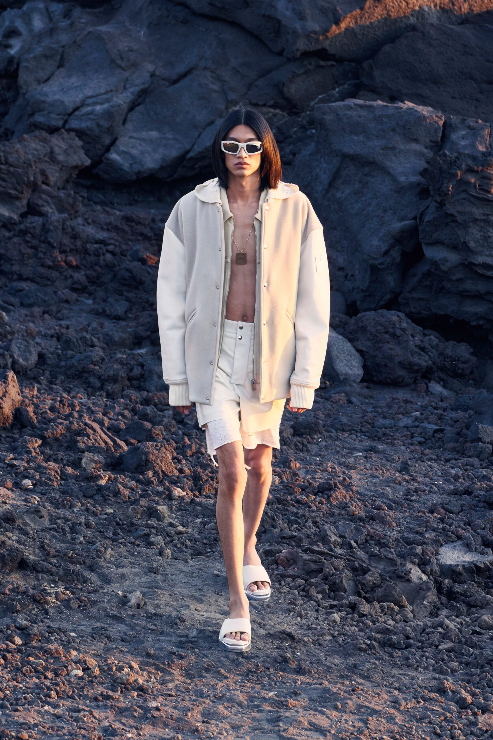 white oversized jacket with shorts