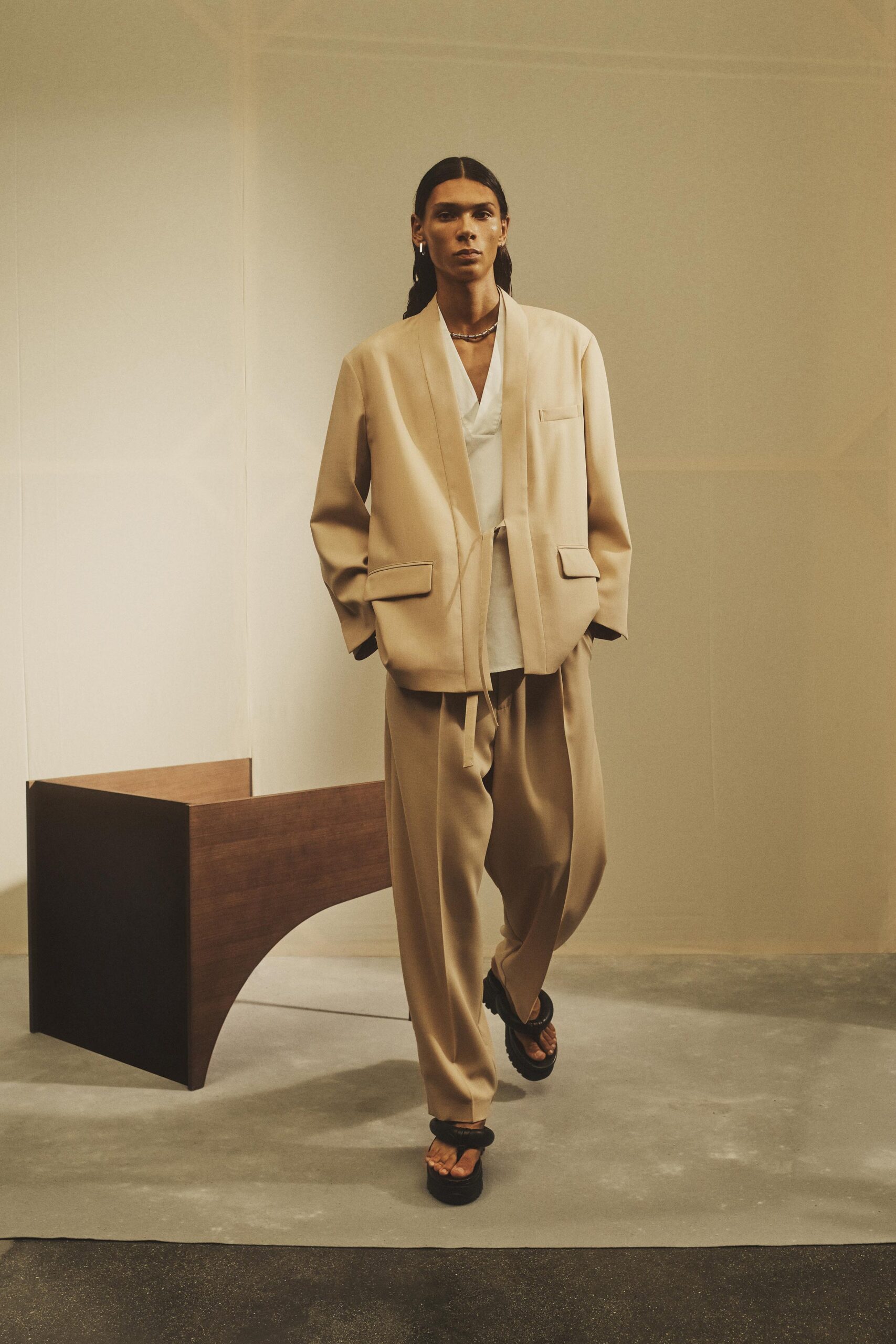 beige oversized blazer and pants