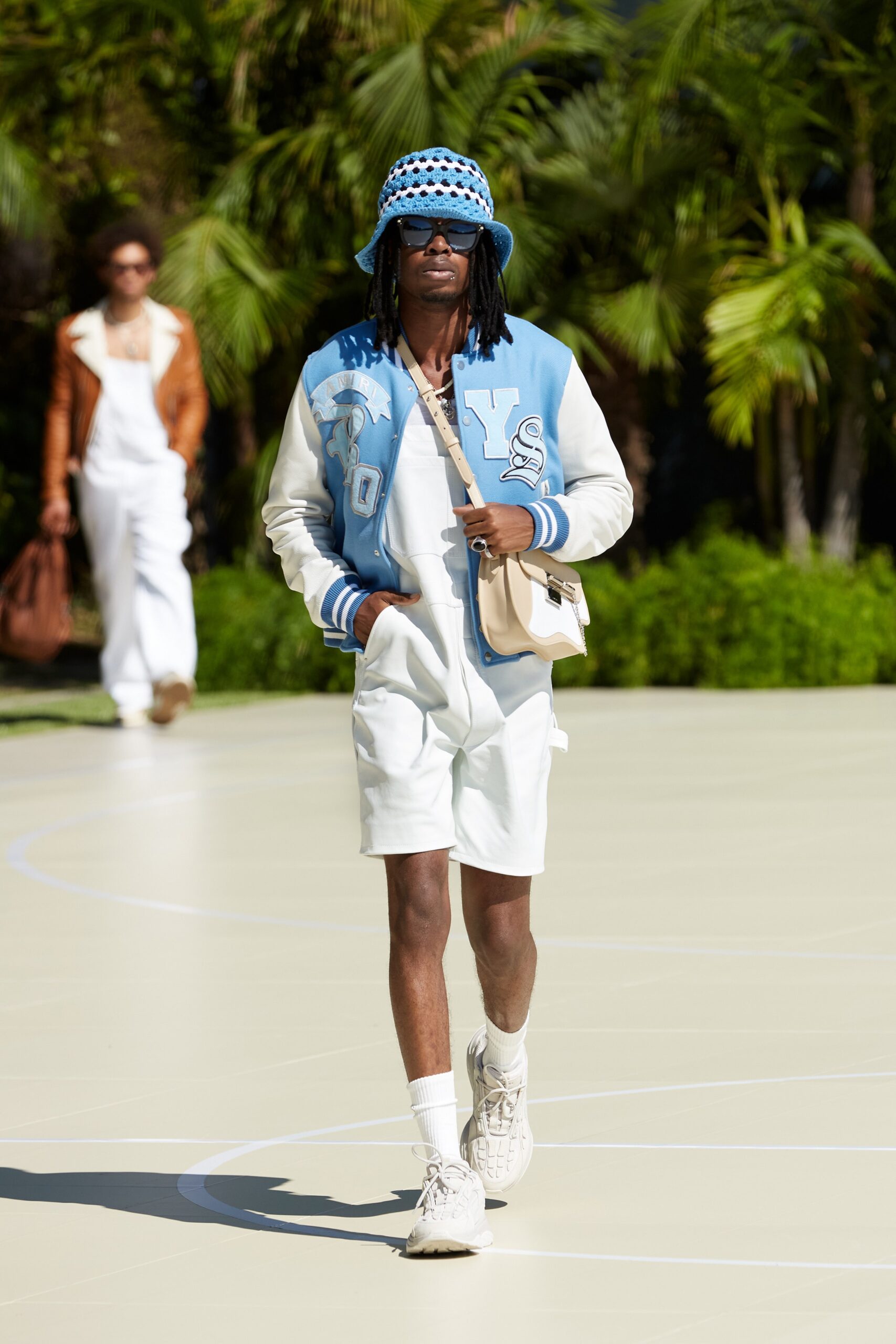 blue and white jacket with shorts