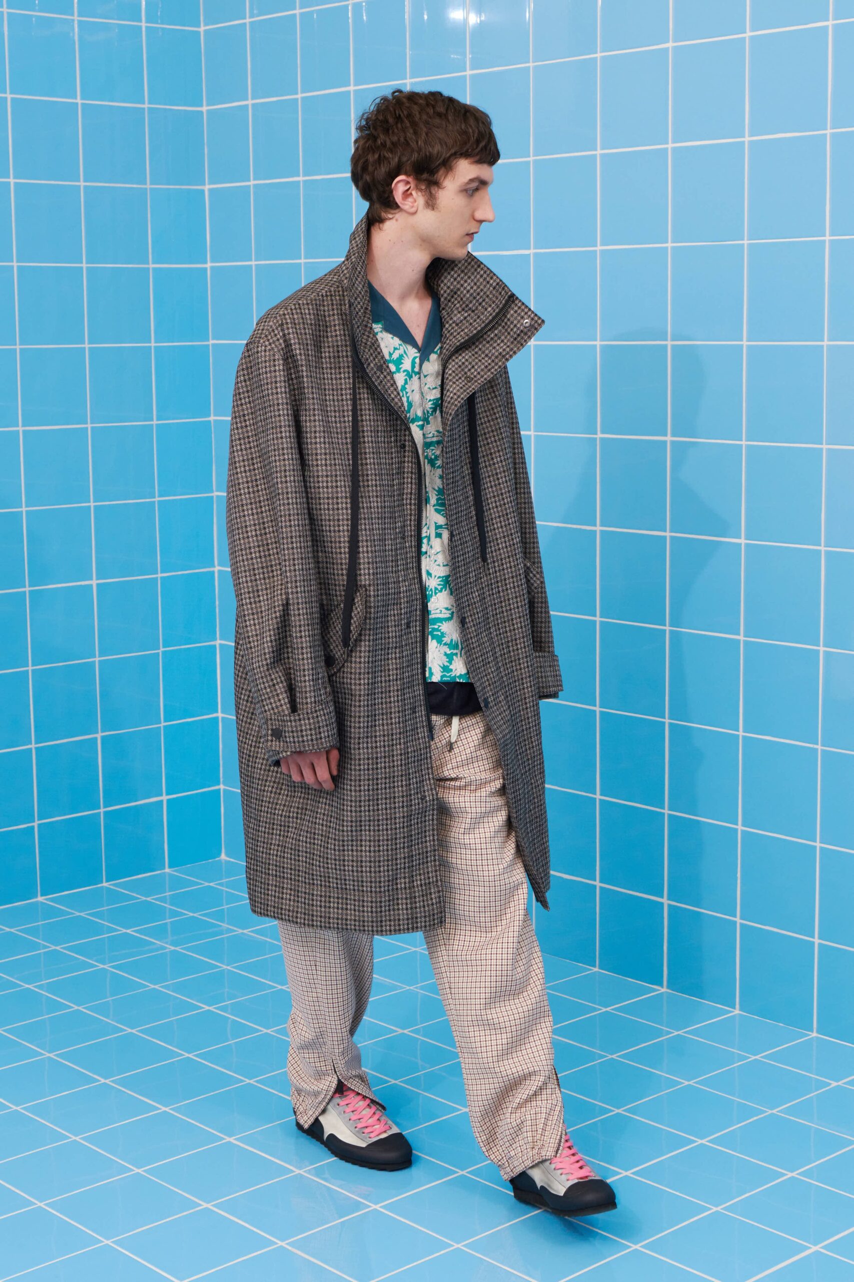 oversized brown coat with floral shirt