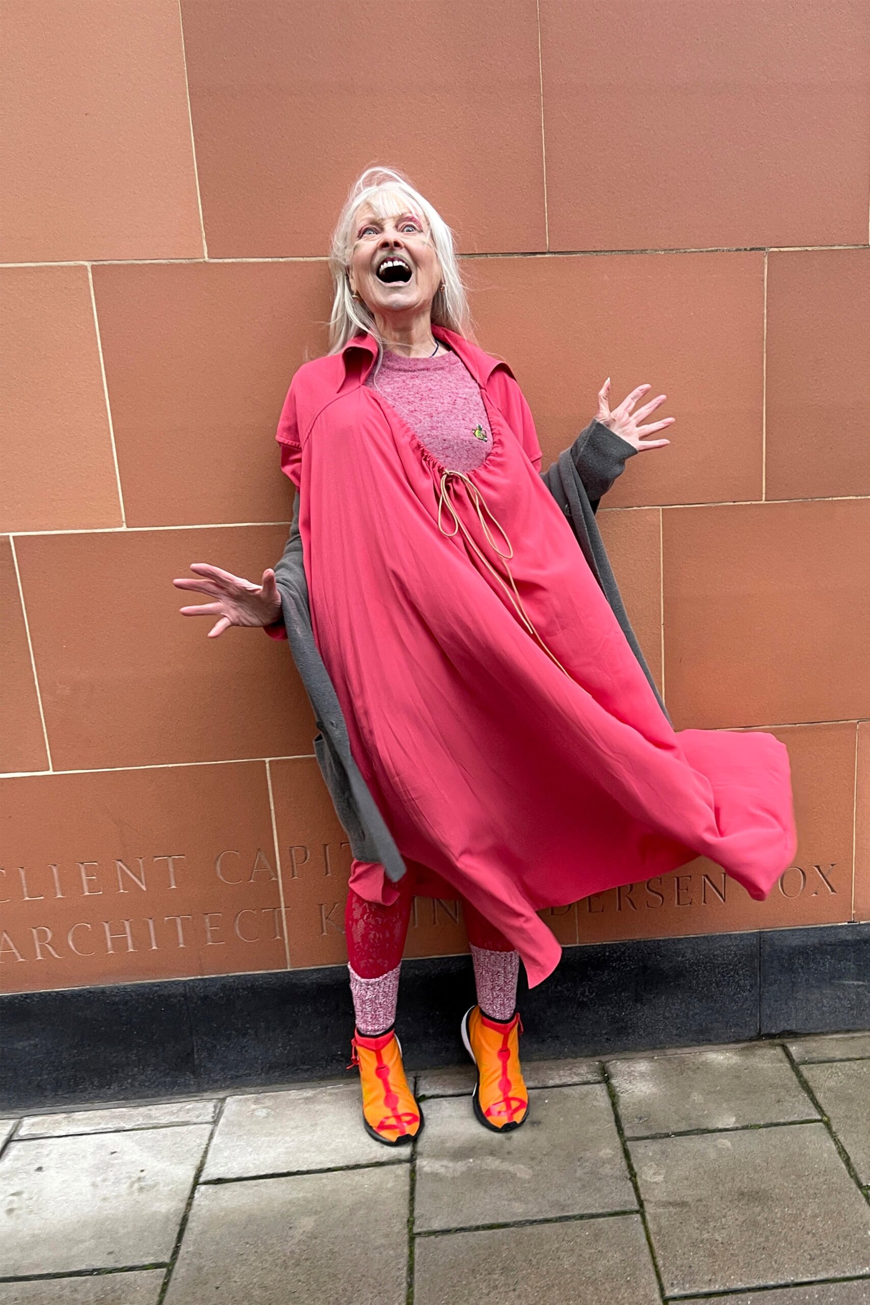 pink relaxed midi dress with gray cardigan