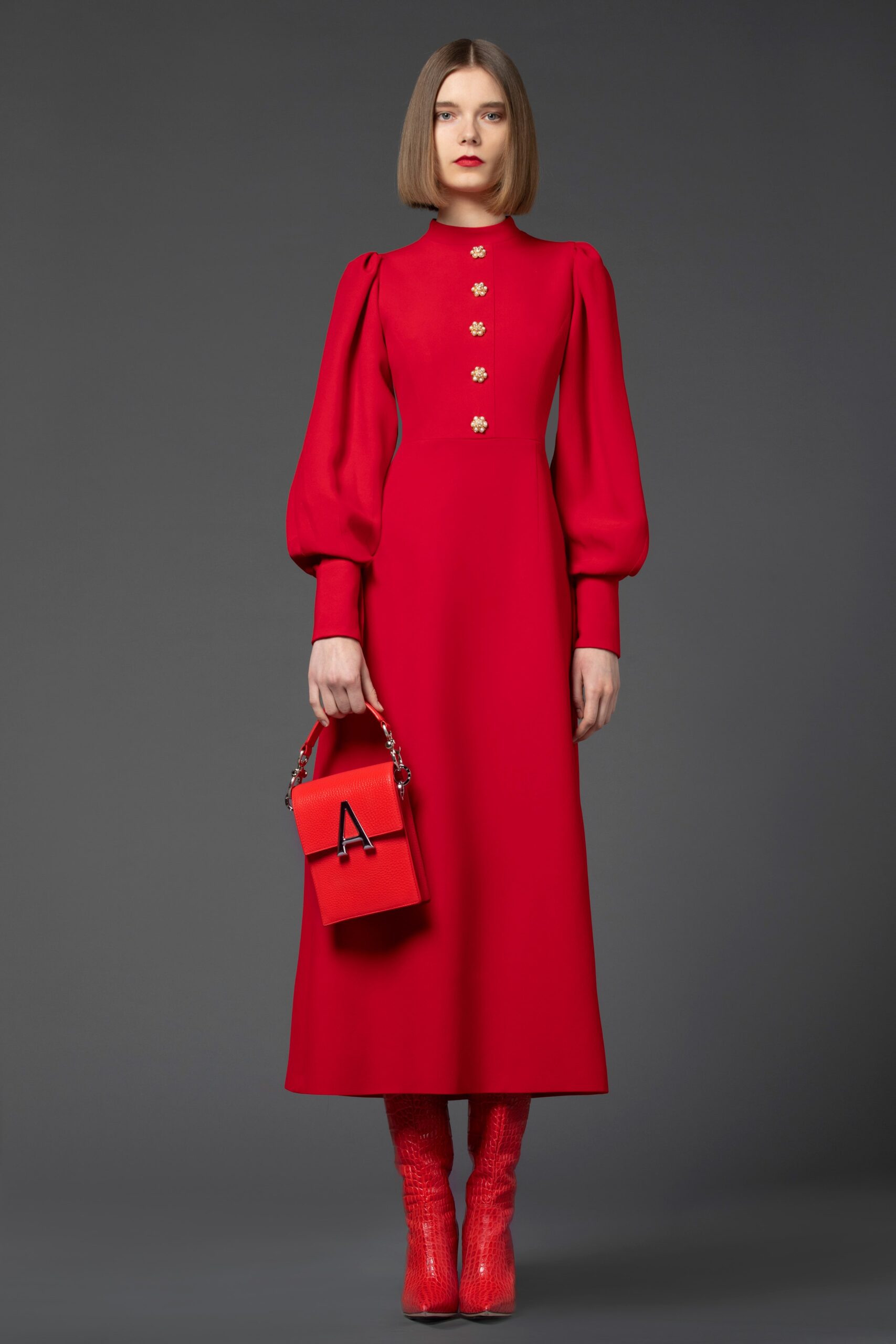 red cotton long-sleeve high-neck fitted buttoned pencil dress