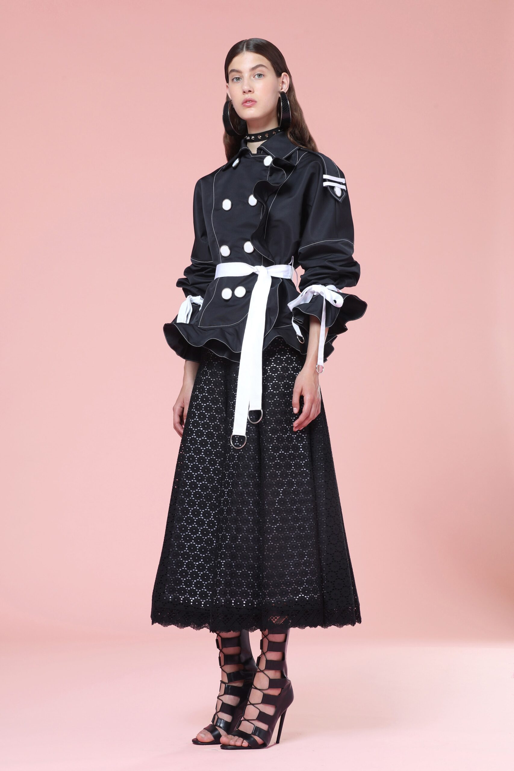 black vinyl long-sleeve collared fitted ruffled buttoned jacket