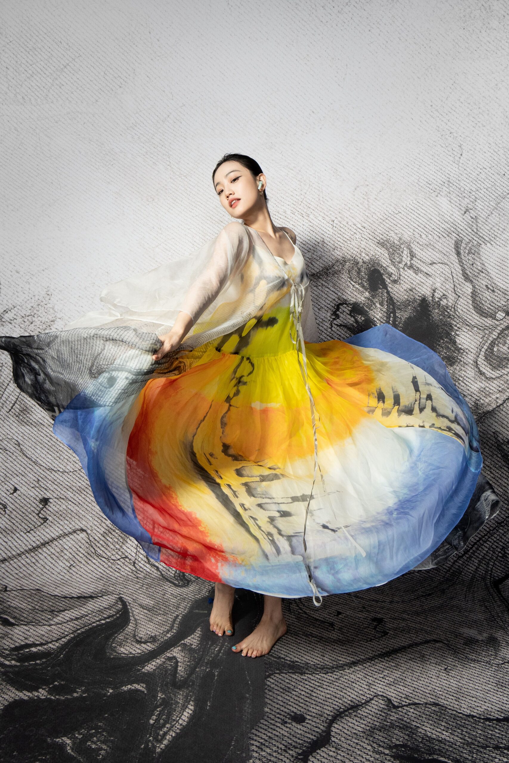 colorful silk maxi dress with cape