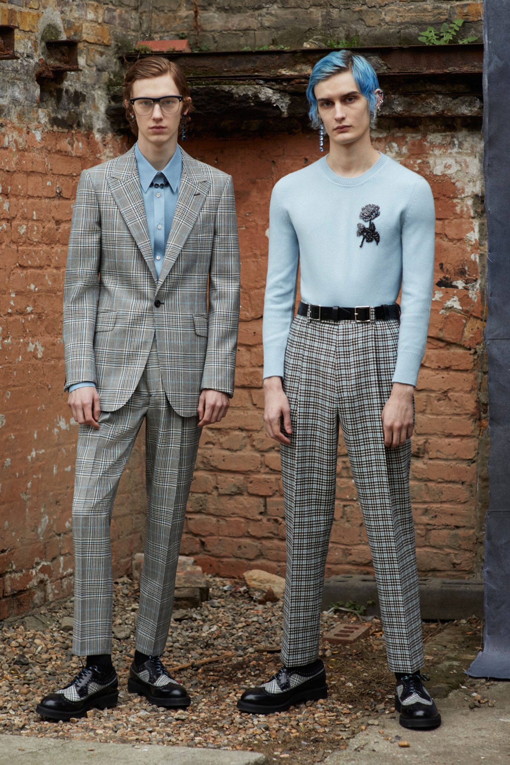 tailored gray suit with blue shirt