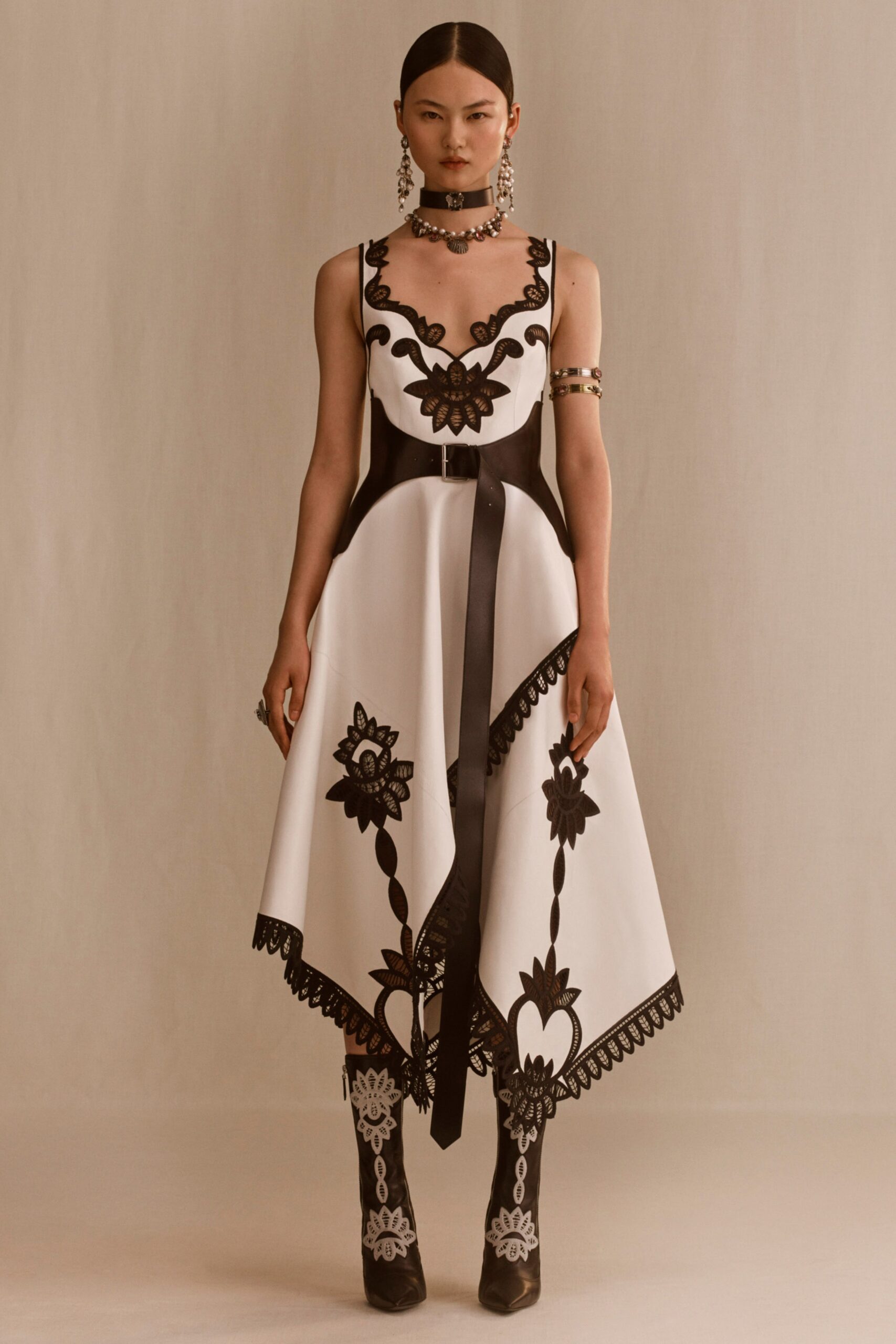 white and black embroidered midi dress