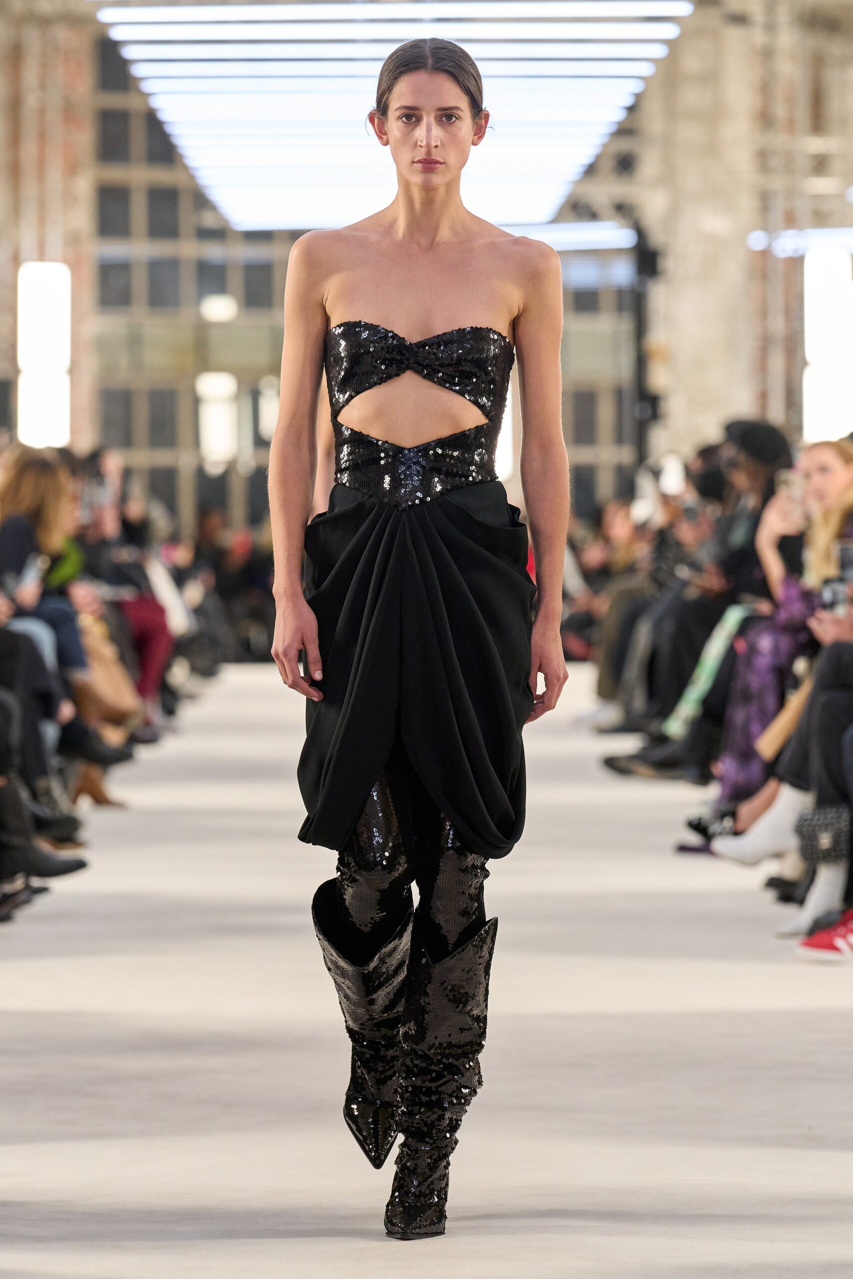 black sequin strapless cutout fitted draped shiny dress