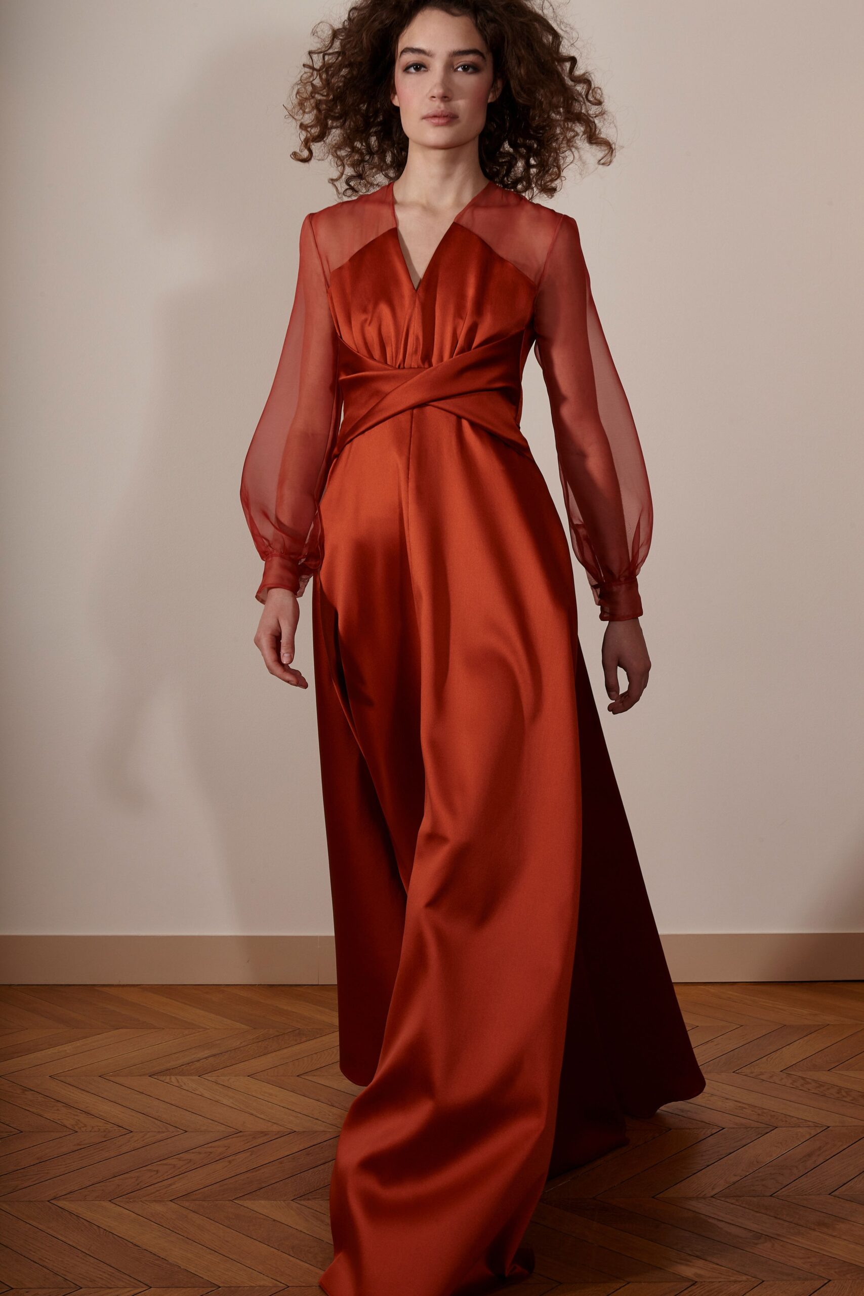 red silk fitted gown