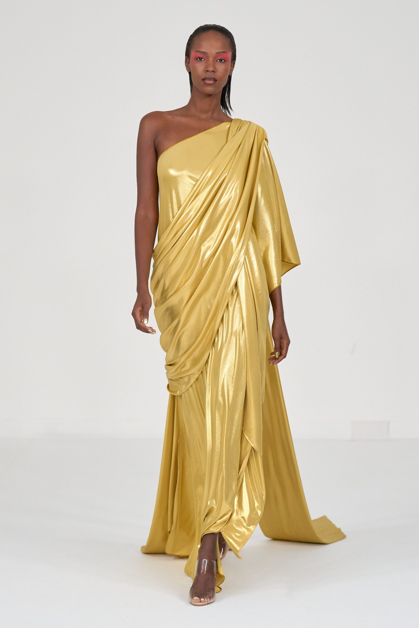 gold silk off-shoulder gown
