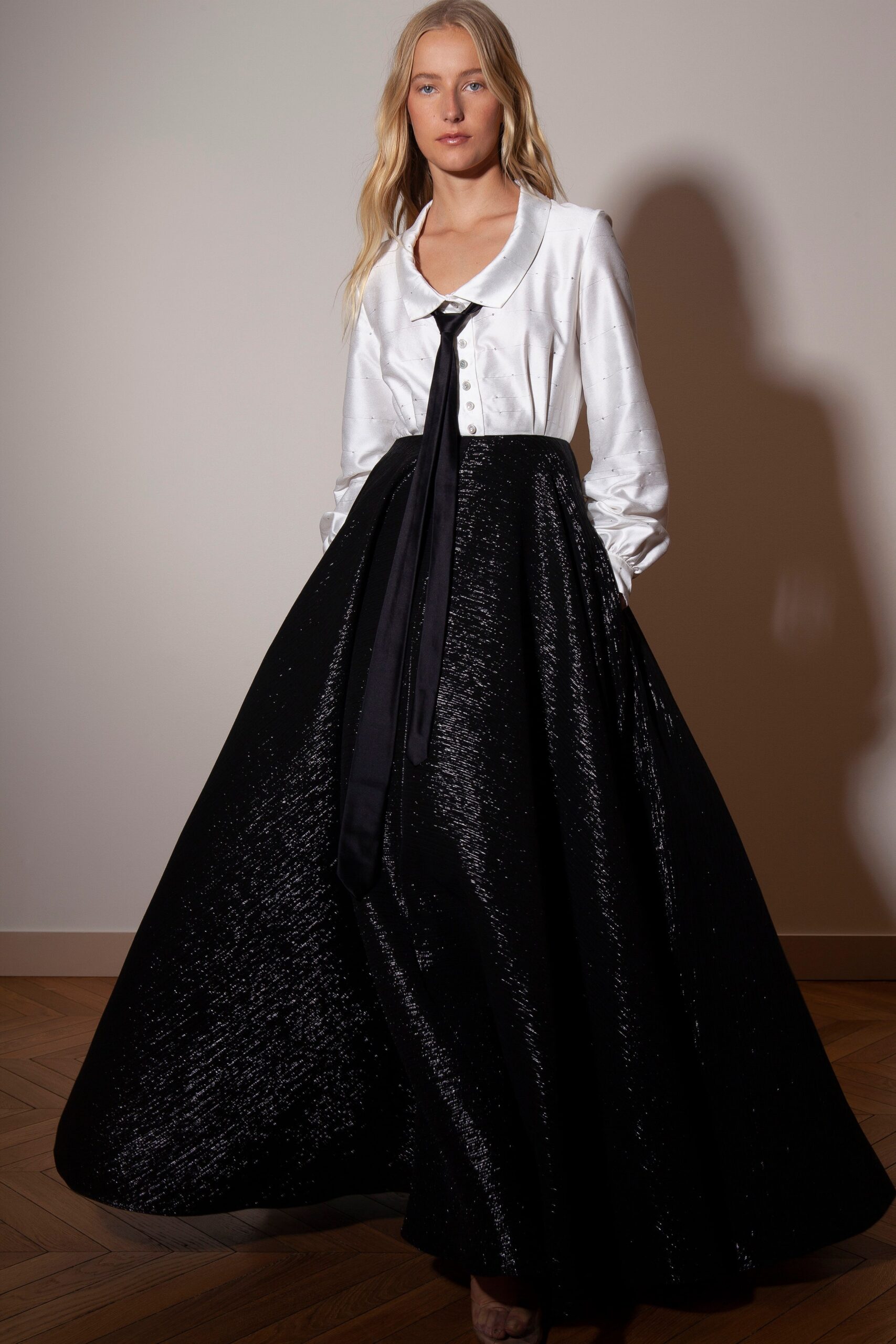 black and white pleated gown