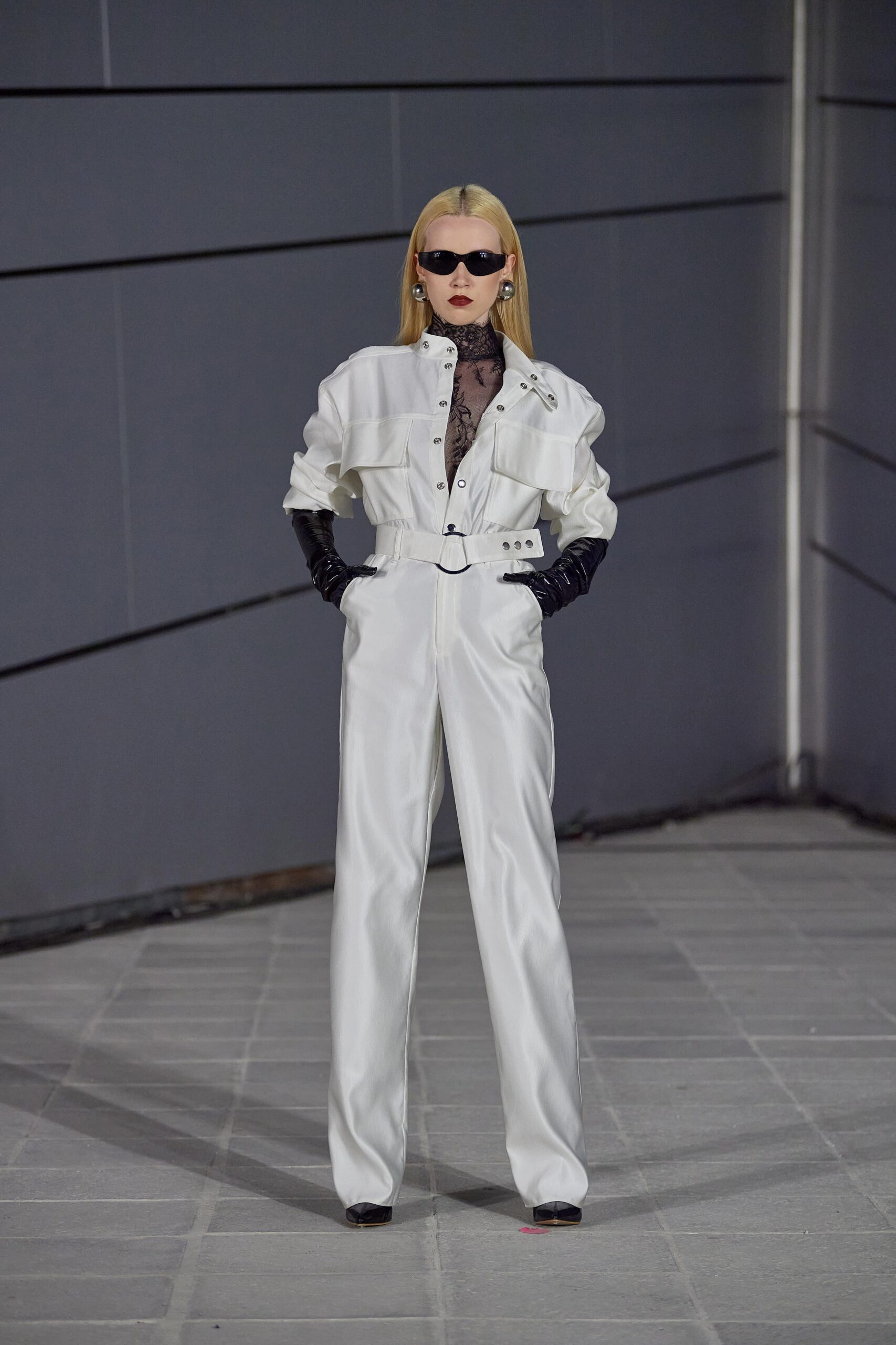 white silk fitted jacket and pants