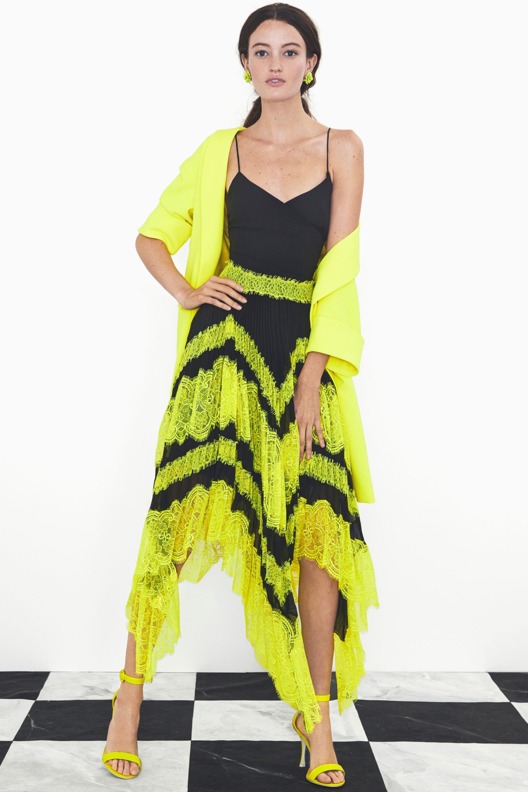 black and yellow pleated dress with jacket