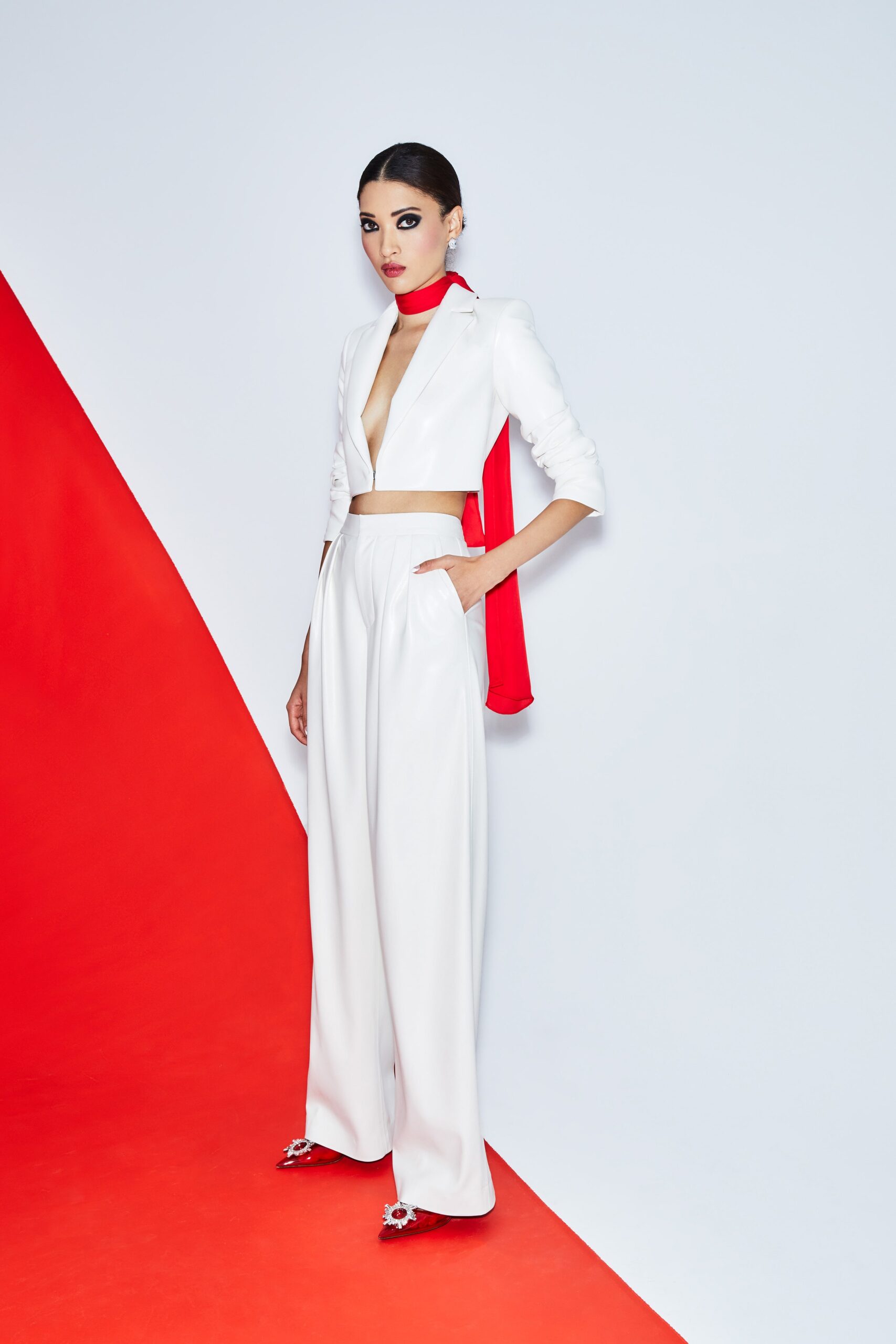 white leather fitted blazer and pants