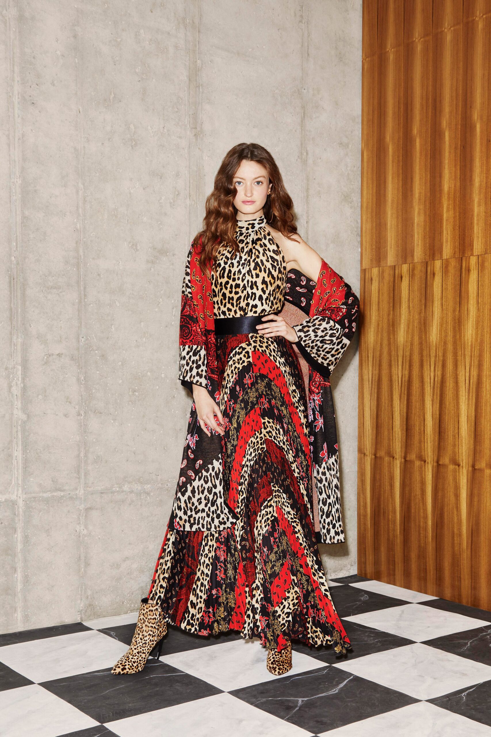 red silk sleeveless high-neck fitted flared printed dress