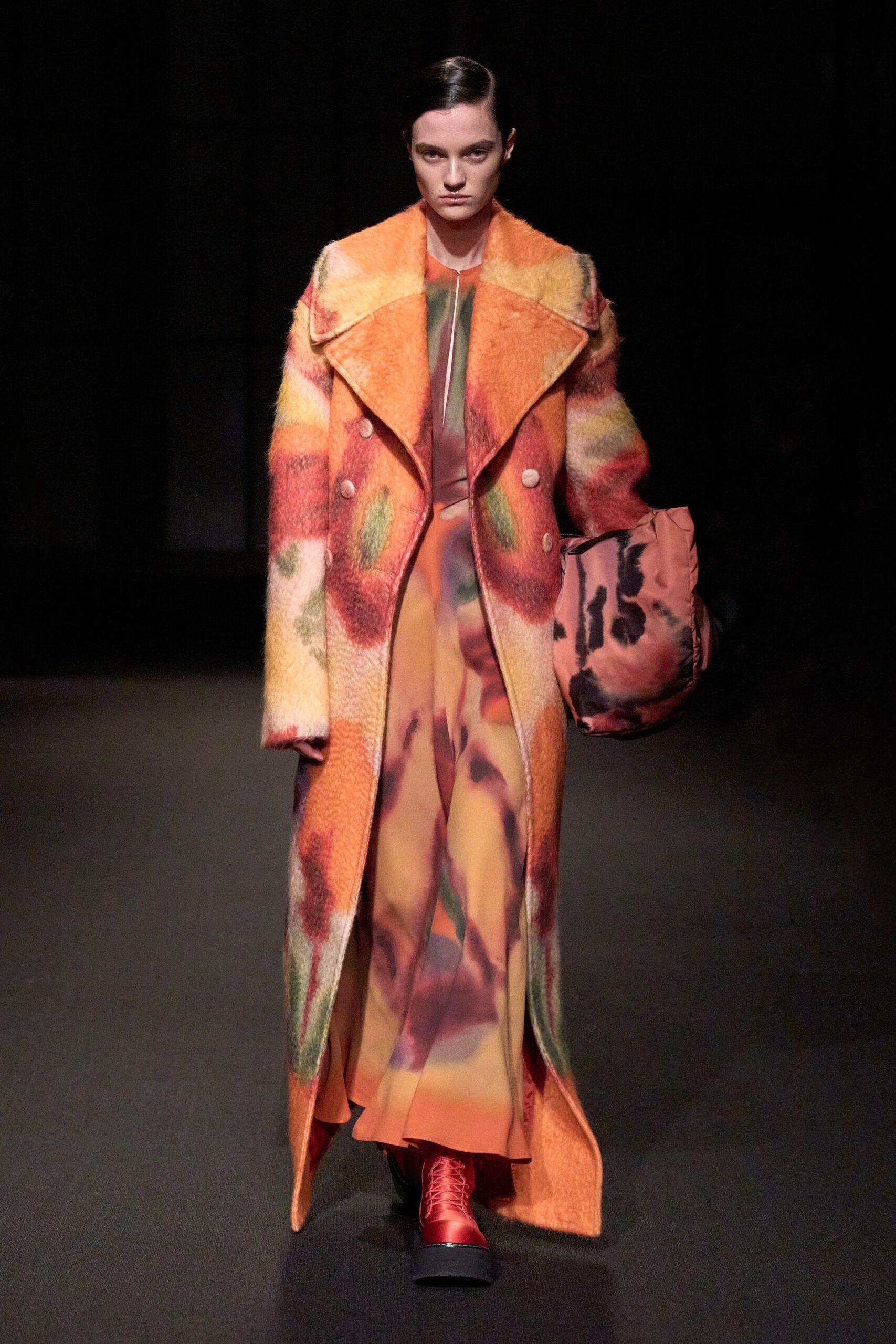 oversized floral coat and midi dress