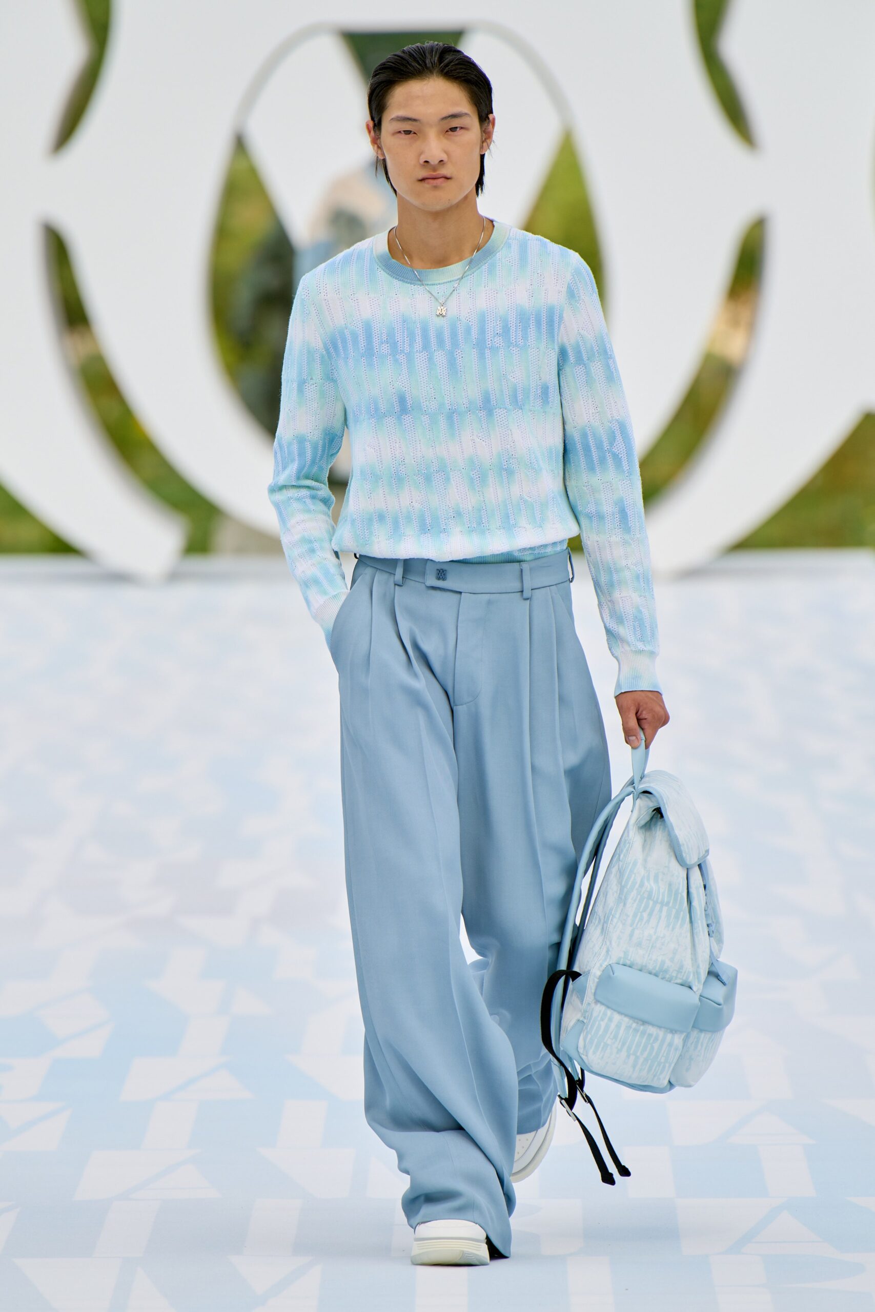 blue printed relaxed top with wide-leg pants