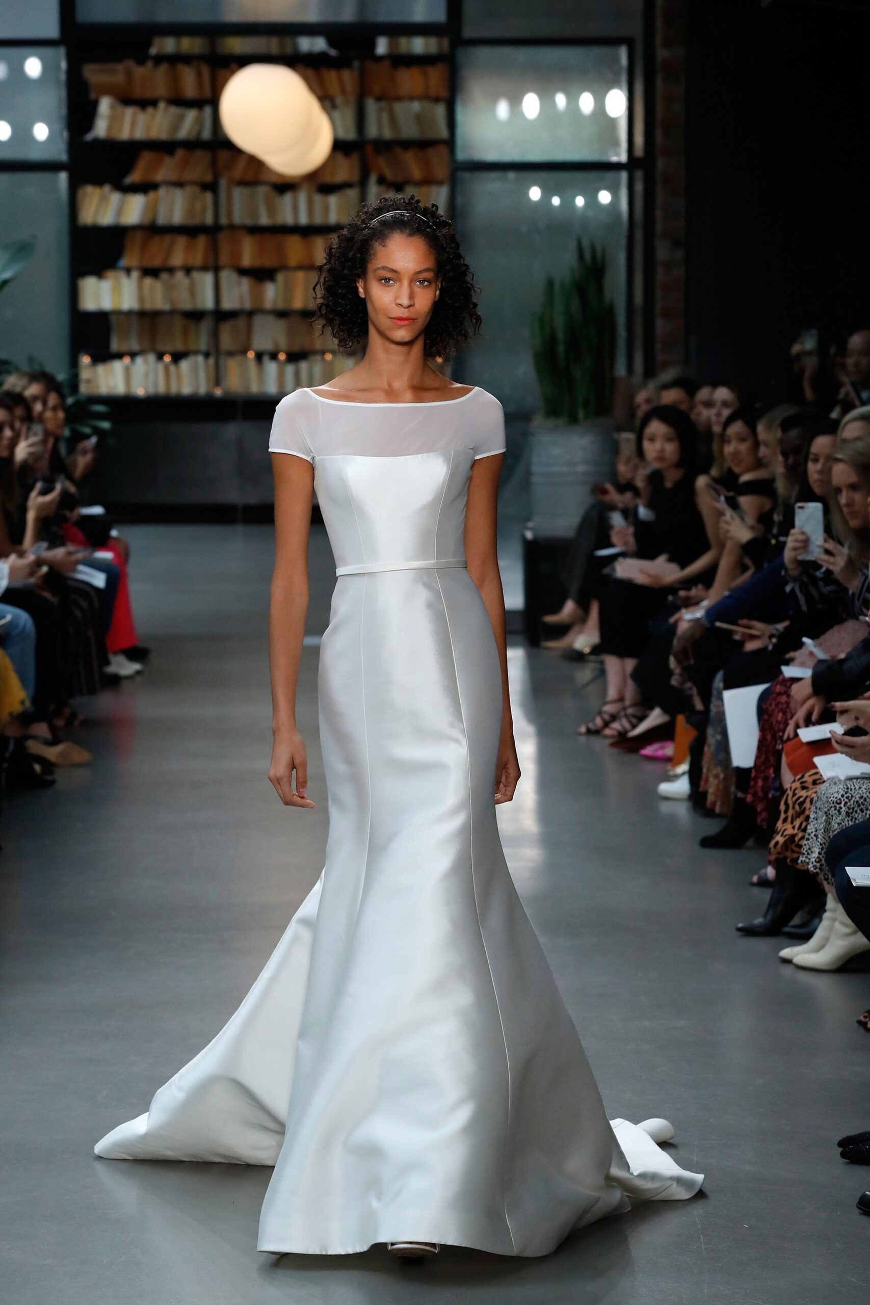 white silk off-shoulder gown