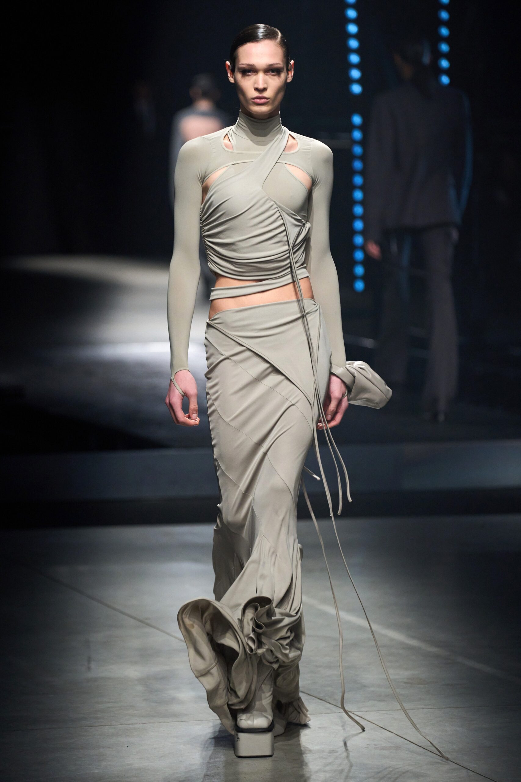fitted gray silk maxi dress