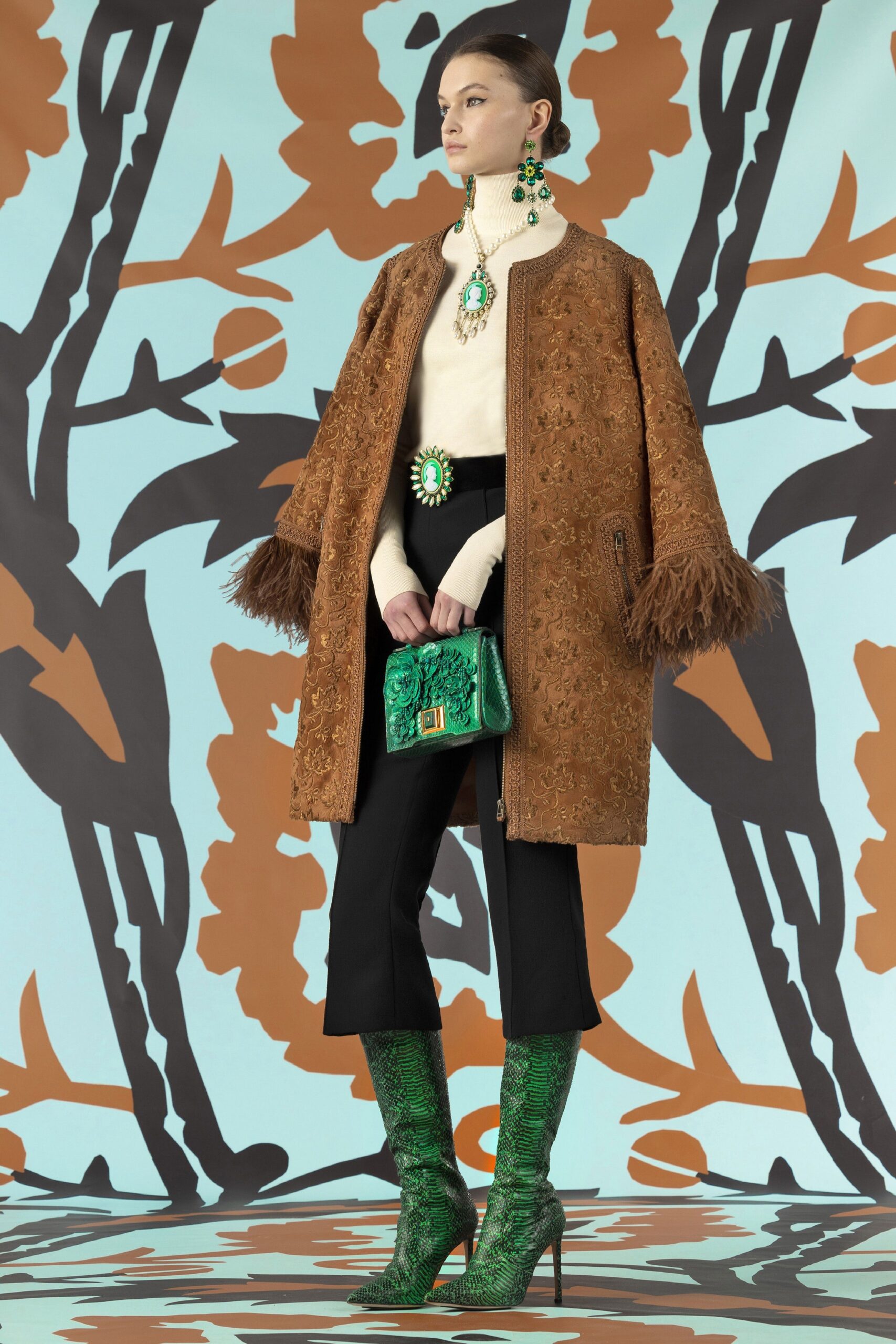 brown fur long-sleeve collared relaxed embroidered fringed coat