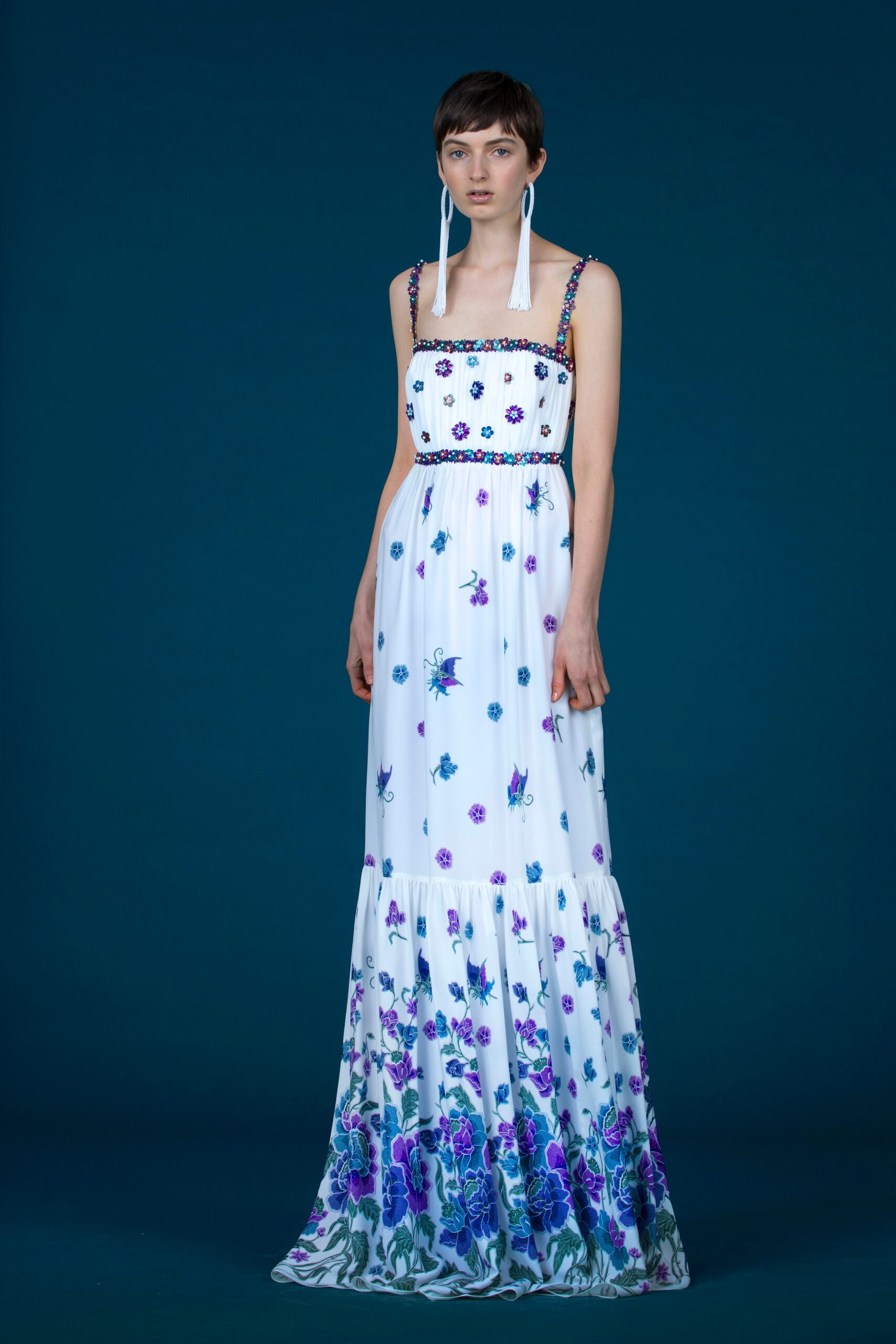 white floral embroidered gown