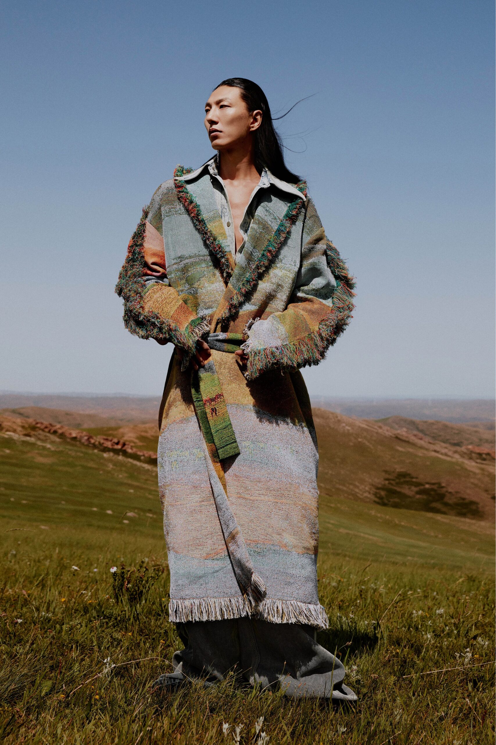multi wool long-sleeve collared relaxed fringed layered coat
