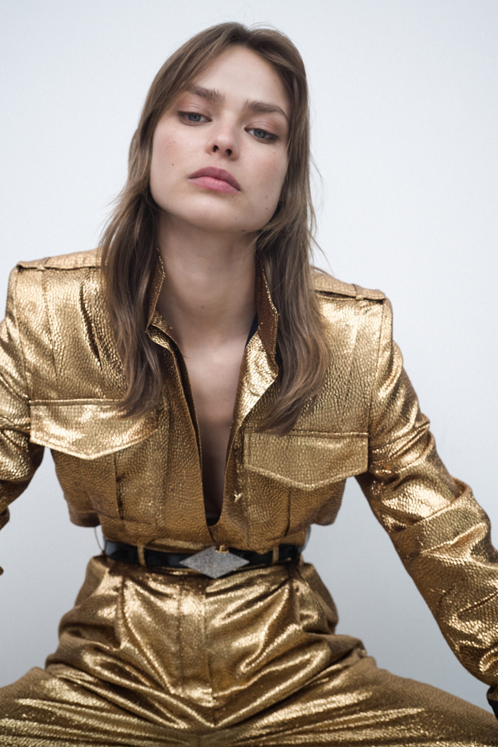fitted gold metallic suit