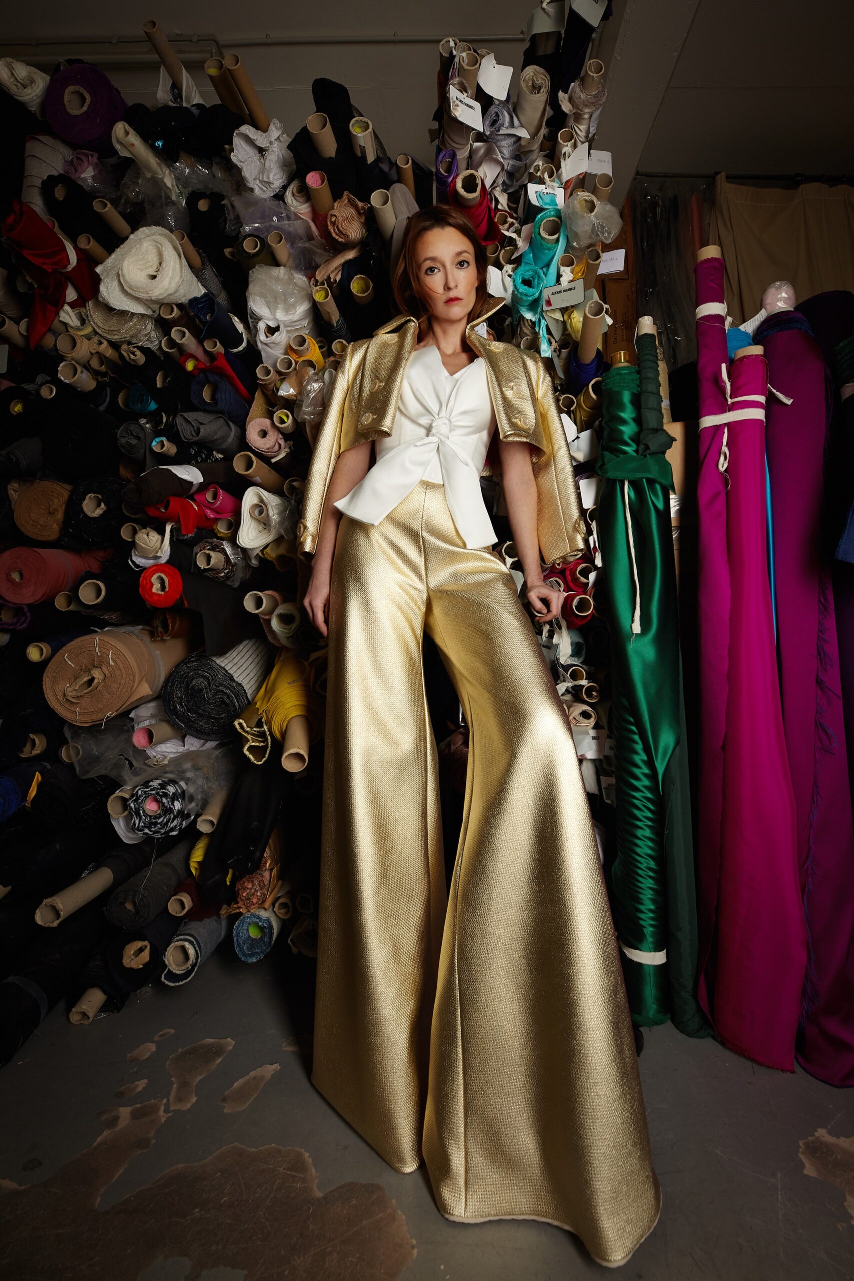 gold satin structured jacket with flared pants