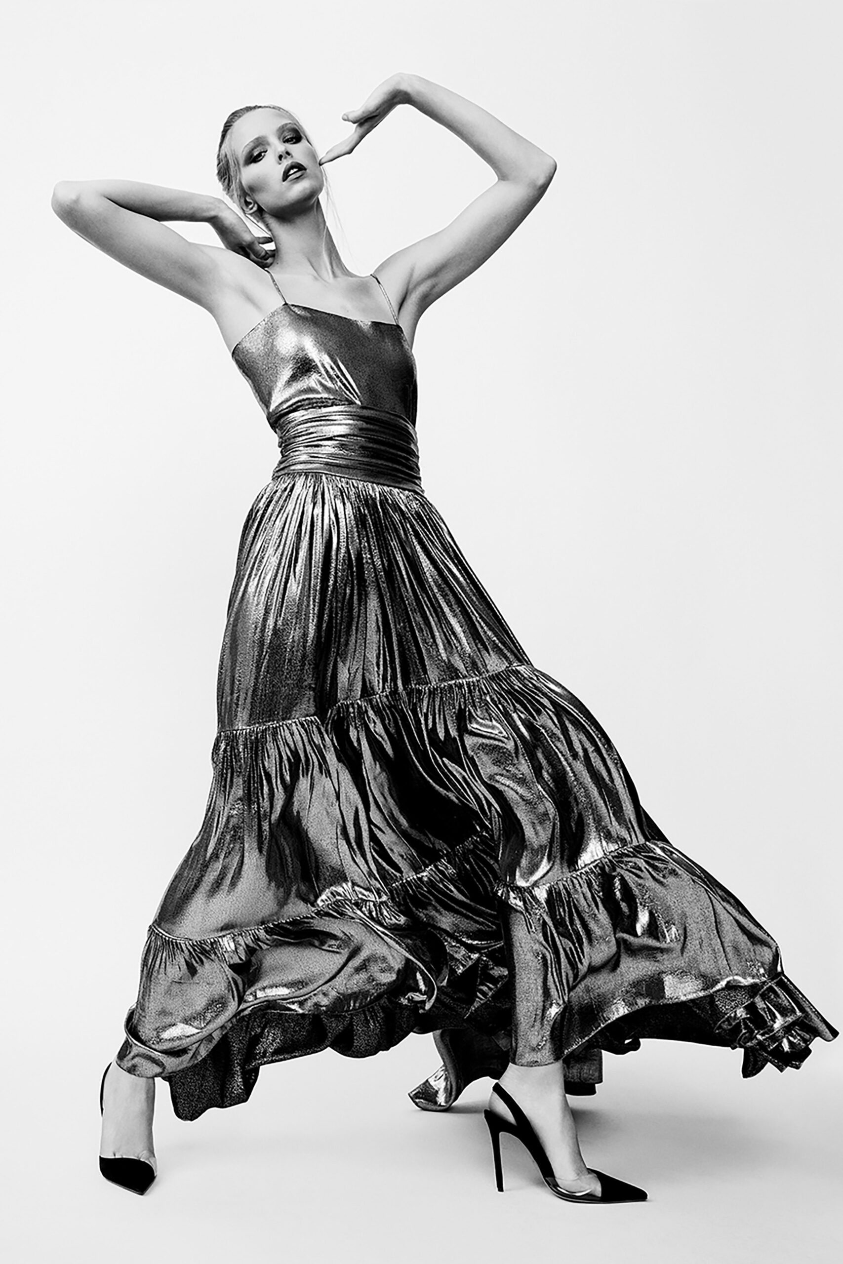 gray metallic sleeveless v-neck fitted tiered shiny gown