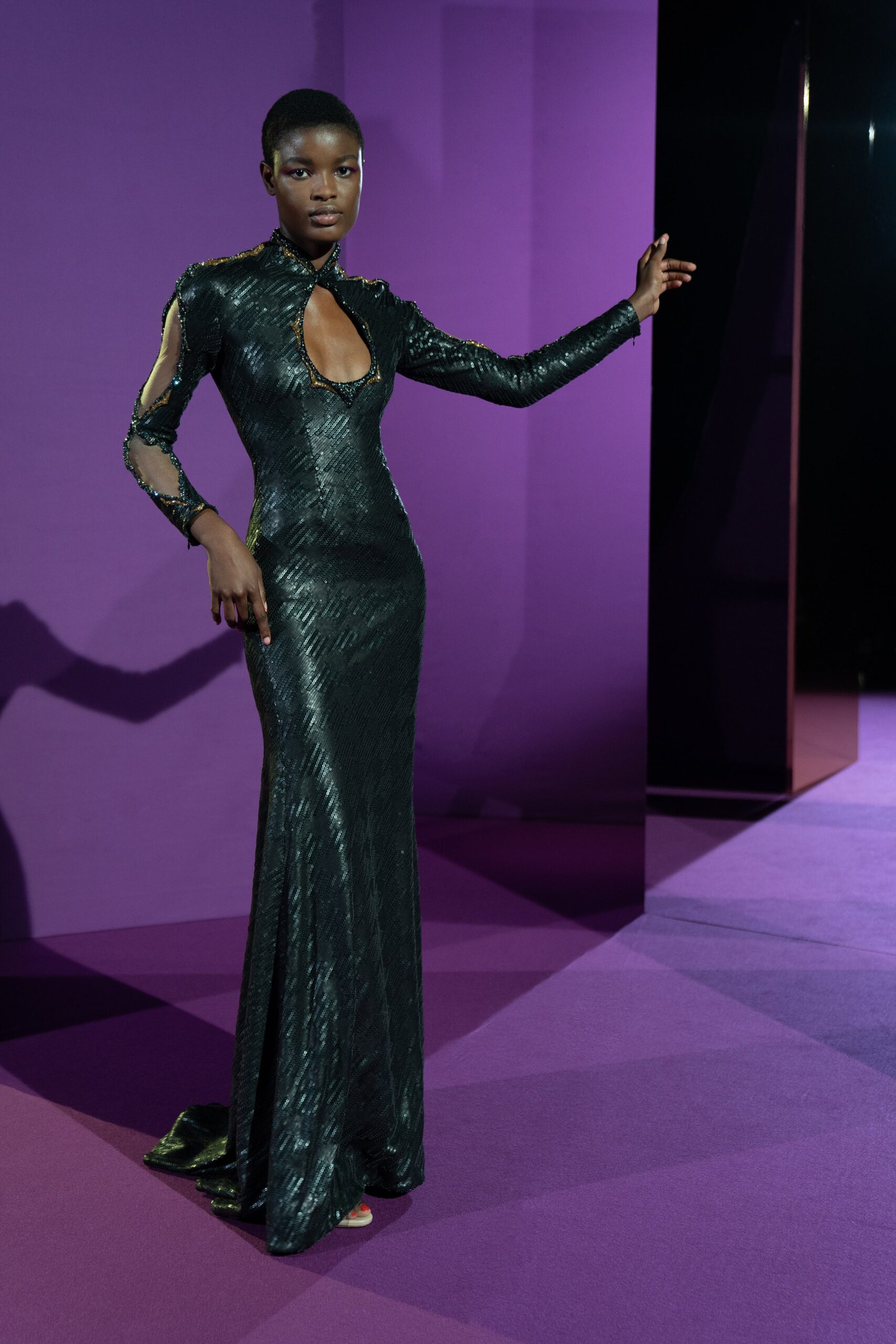 black silk fitted gown