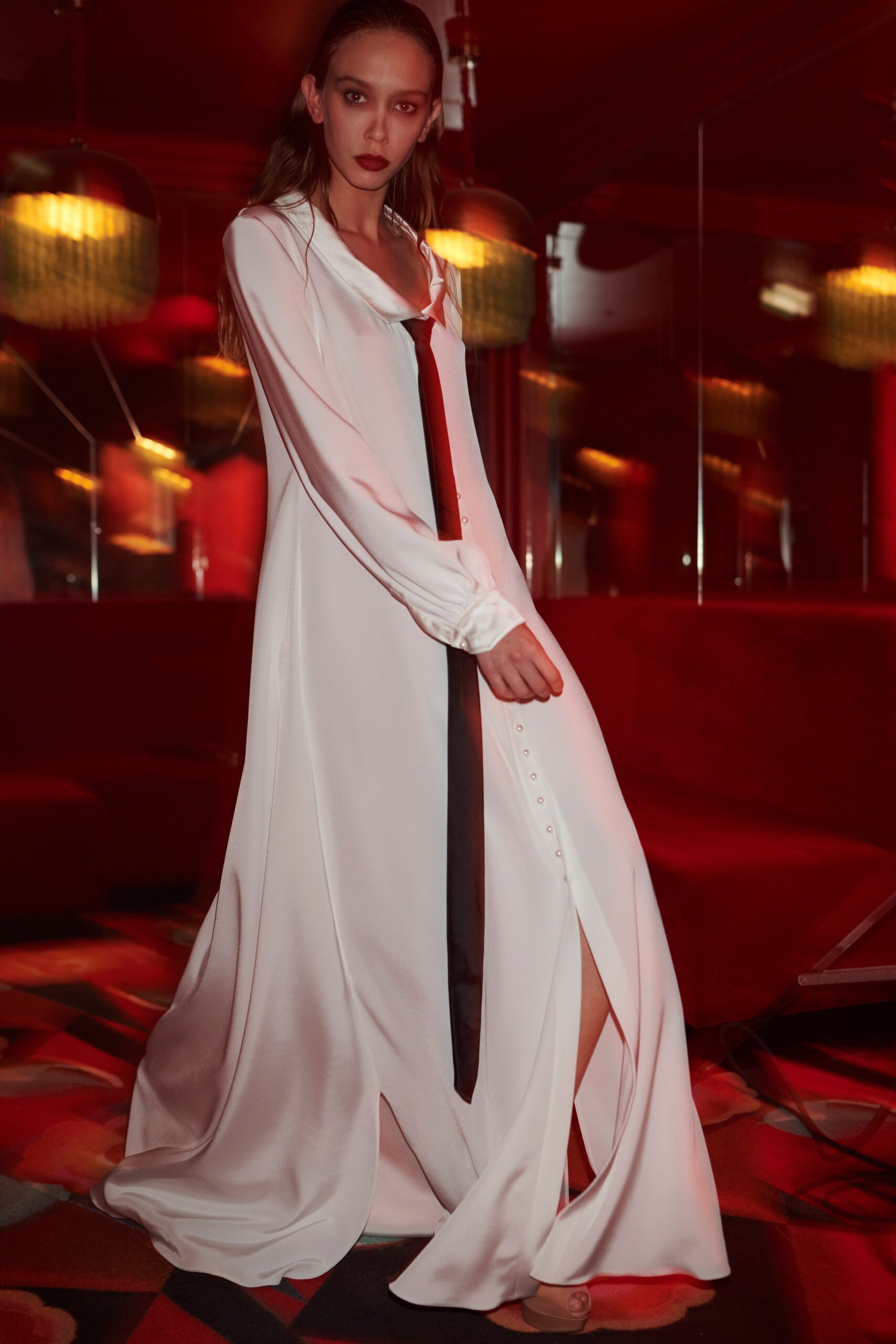 white silk long-sleeve dress