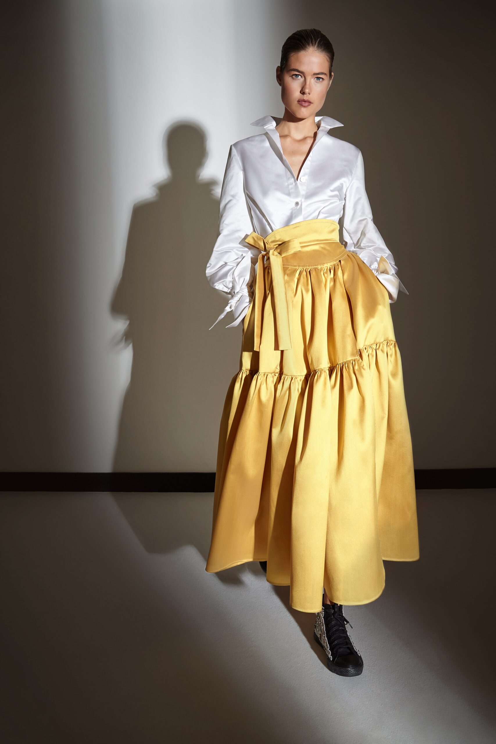 yellow silk relaxed high-waisted tiered belted maxi skirt